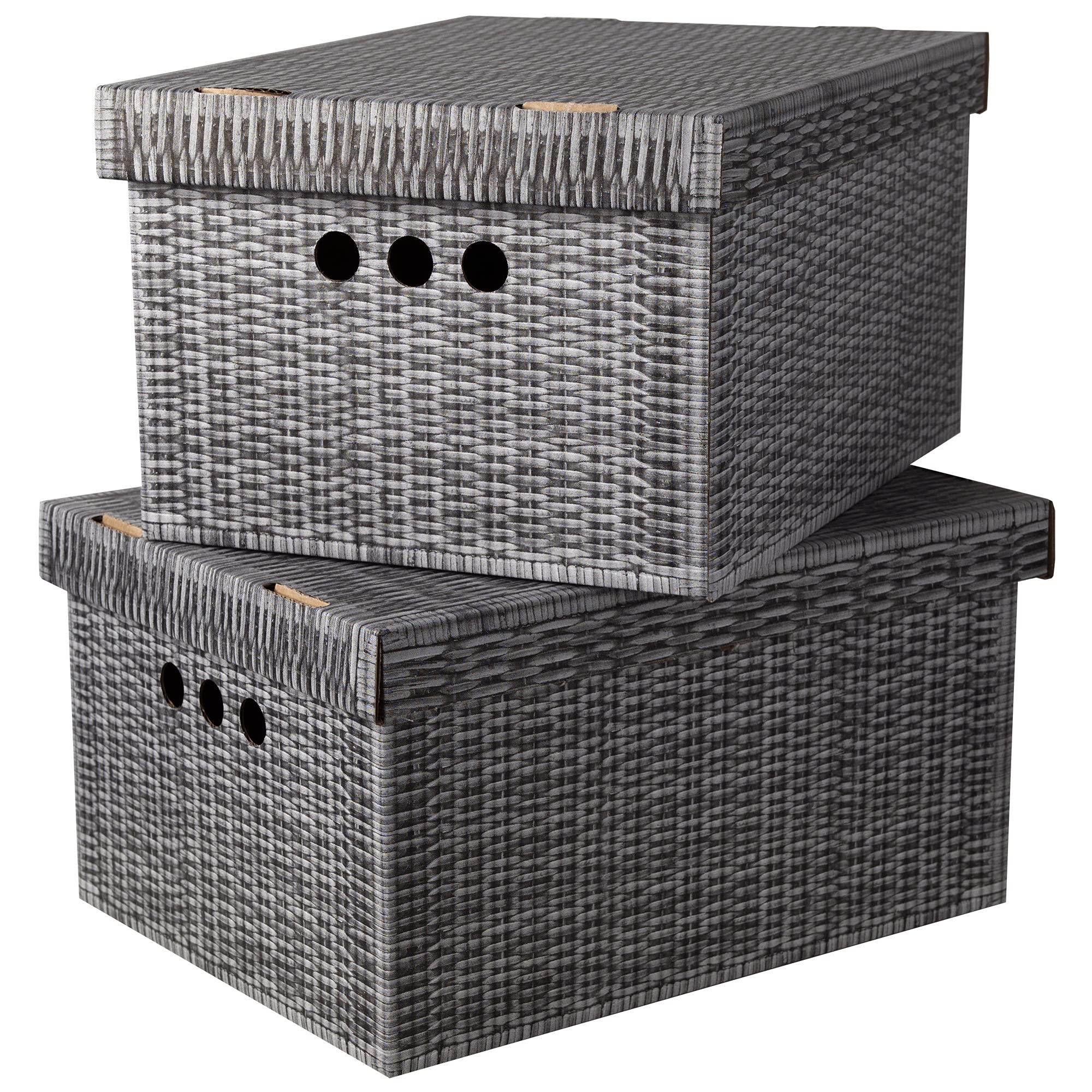 SOFTILLO Cardboard Storage Boxes with Lid Decorative Wardrobe, Closet, Home & Office Organiser with Handle Flat-Packed, Stackable File Box Gift for Adults & Kids Set of 2 XLarge Grey Wicker — image 1