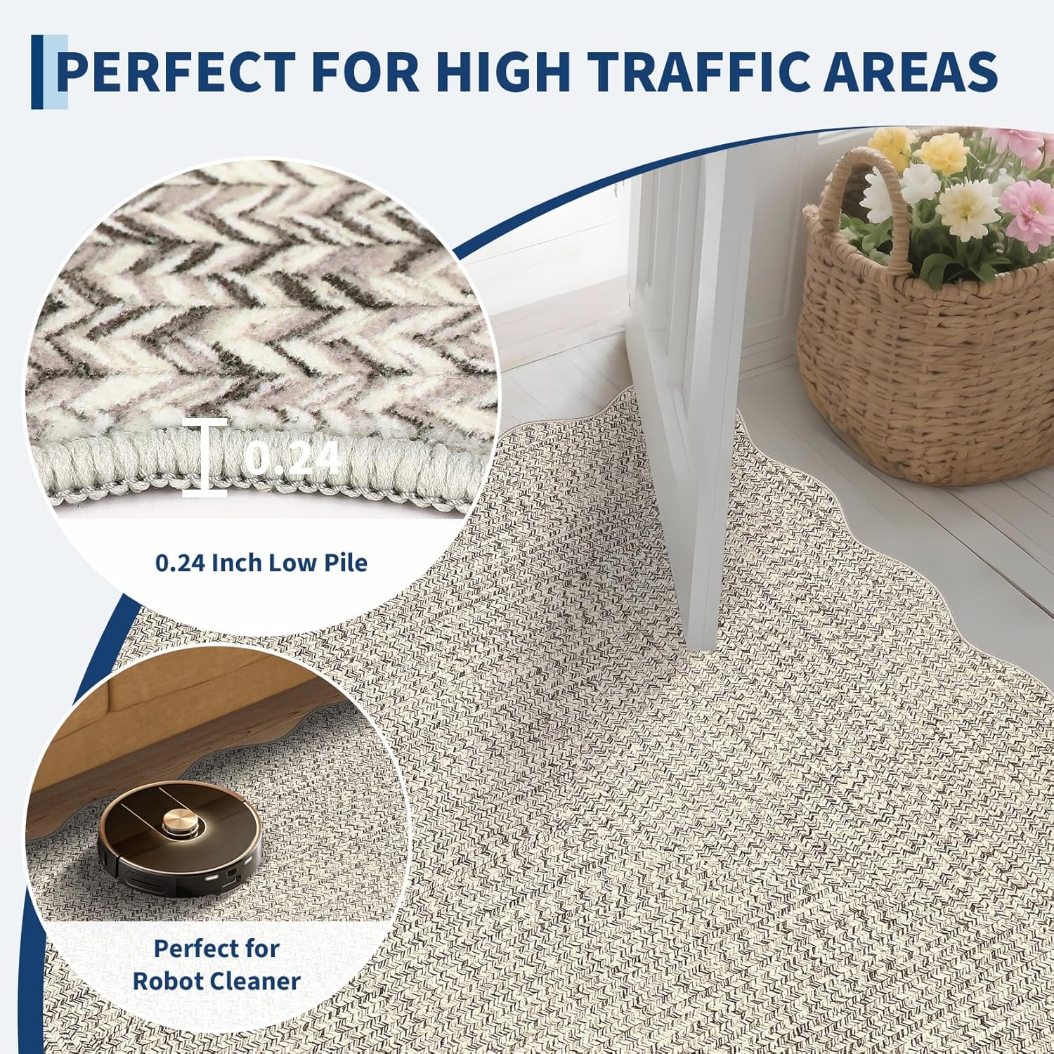 GarveeHome Printed Rug with Braided Pattern on it, Scalloped Washable Runner 2x8 Rugs for Entryway Non Slip Kitchen Runner Low Pile Hallway Rug Stain Resistant Carpet for Bathroom Laundry Room - Image 6