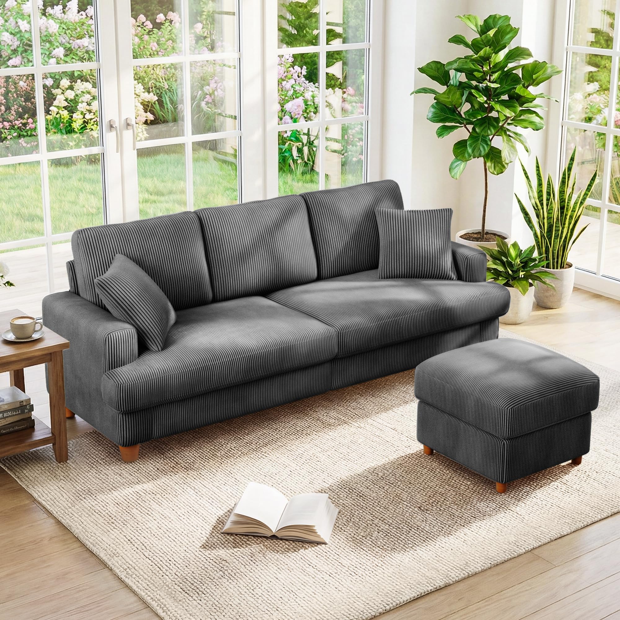 Kidirect 87" L Shaped Modular Sectional Sofa &amp; Ottoman Grey Corduroy Couch
