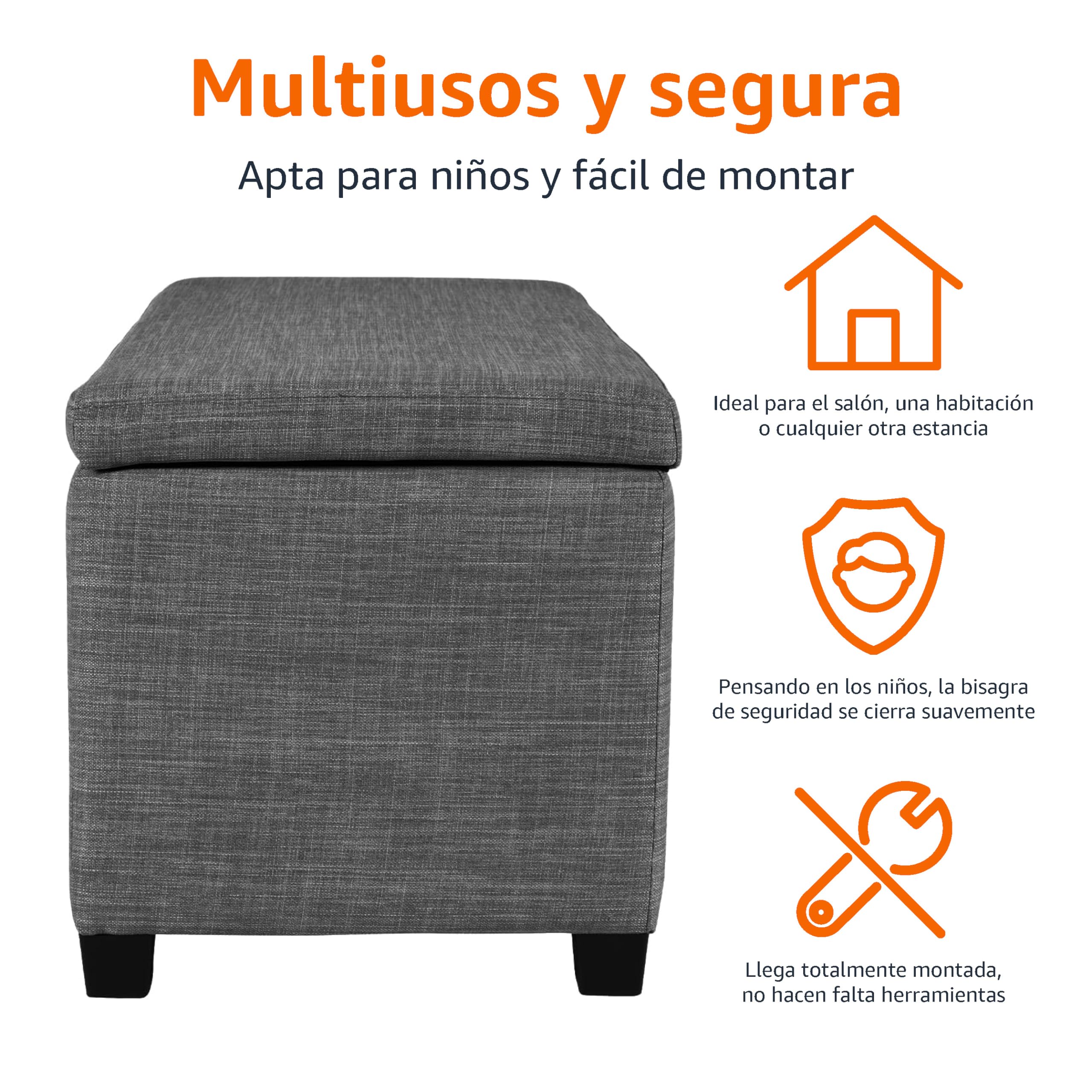 Amazon Basics Banco rectangular acolchado para entrada con almacenamiento, para dormitorio, pasillo, otomana, aspecto de lino, gris oscuro, 42 x 91 x 43 cm