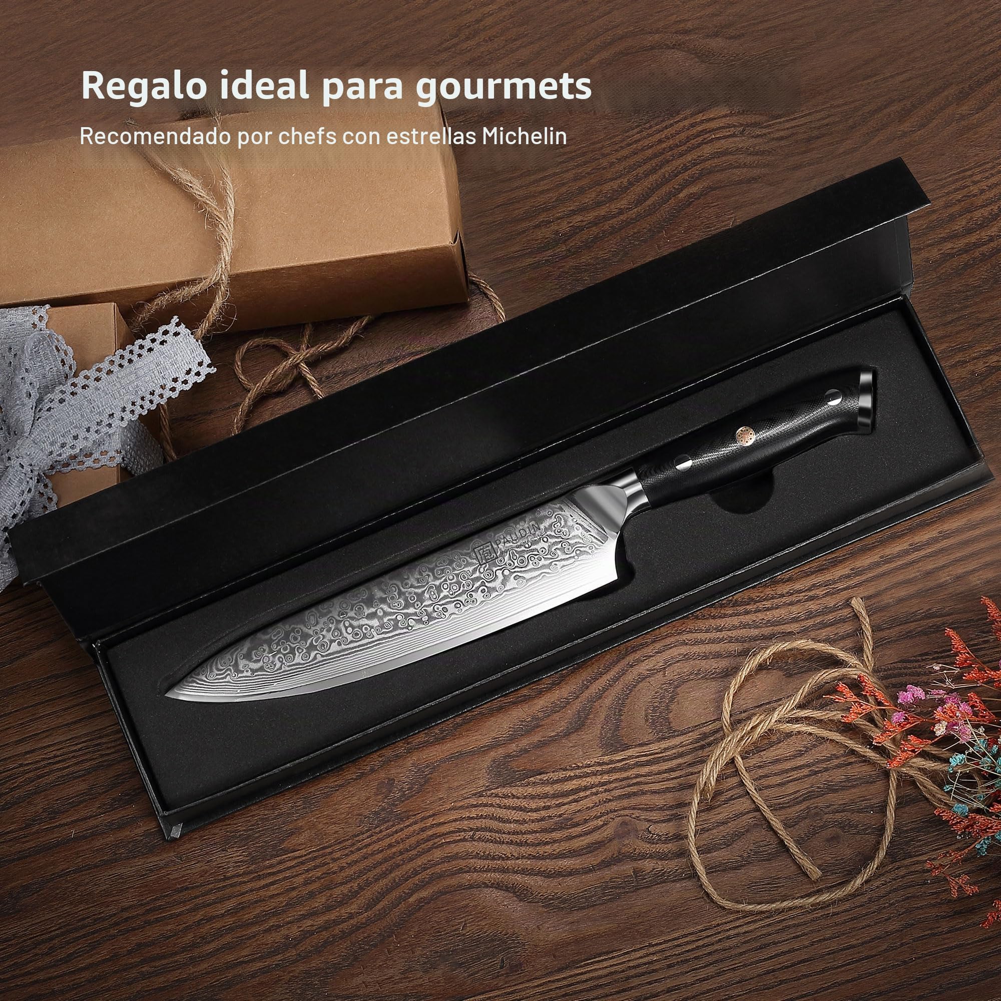 PAUDIN cuchillo jamonero 30 cm, cuchillo de cocina para jamón, cuchillo de pescado profesional de acero inoxidable, cuchillo para salmón extra afilado con mango ergonómico de madera de pakka