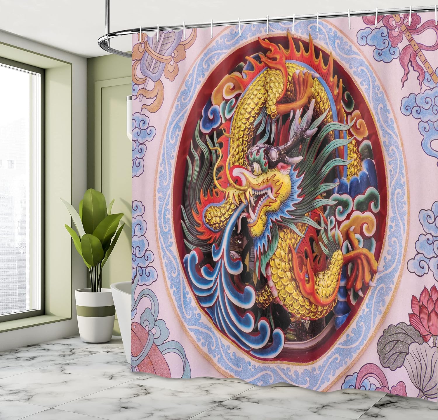 Ambesonne Dragon Shower Curtain, Chinese Horns Mane and Claws Flower Ornament Mythical Creature Monster, Cloth Fabric Bathroom Decor Set with Hooks, 69" W x 70" L, Yellow Blue