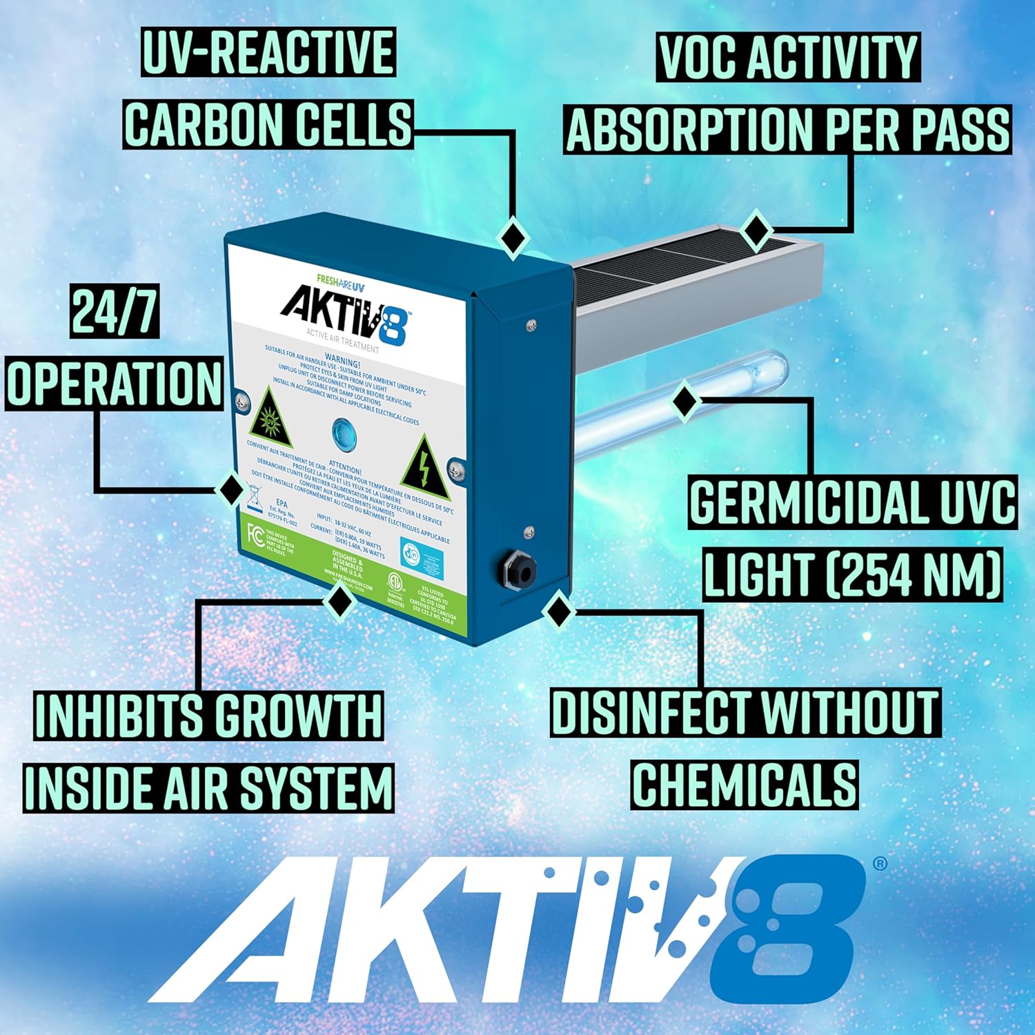 Fresh-Aire UV AKTIV8 In-Duct Active Air Treatment System, Single 2-Year Lamp