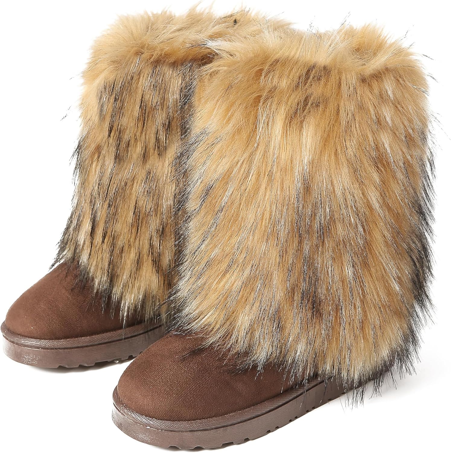 Women's Faux Fur Winter Snow Boot Fuzzy Fluffy Mid-Calf Snow Boots Suede Warm Fur Lined Booties Fashion Boots Suede Flat Ankle Boots Outdoor Indoor