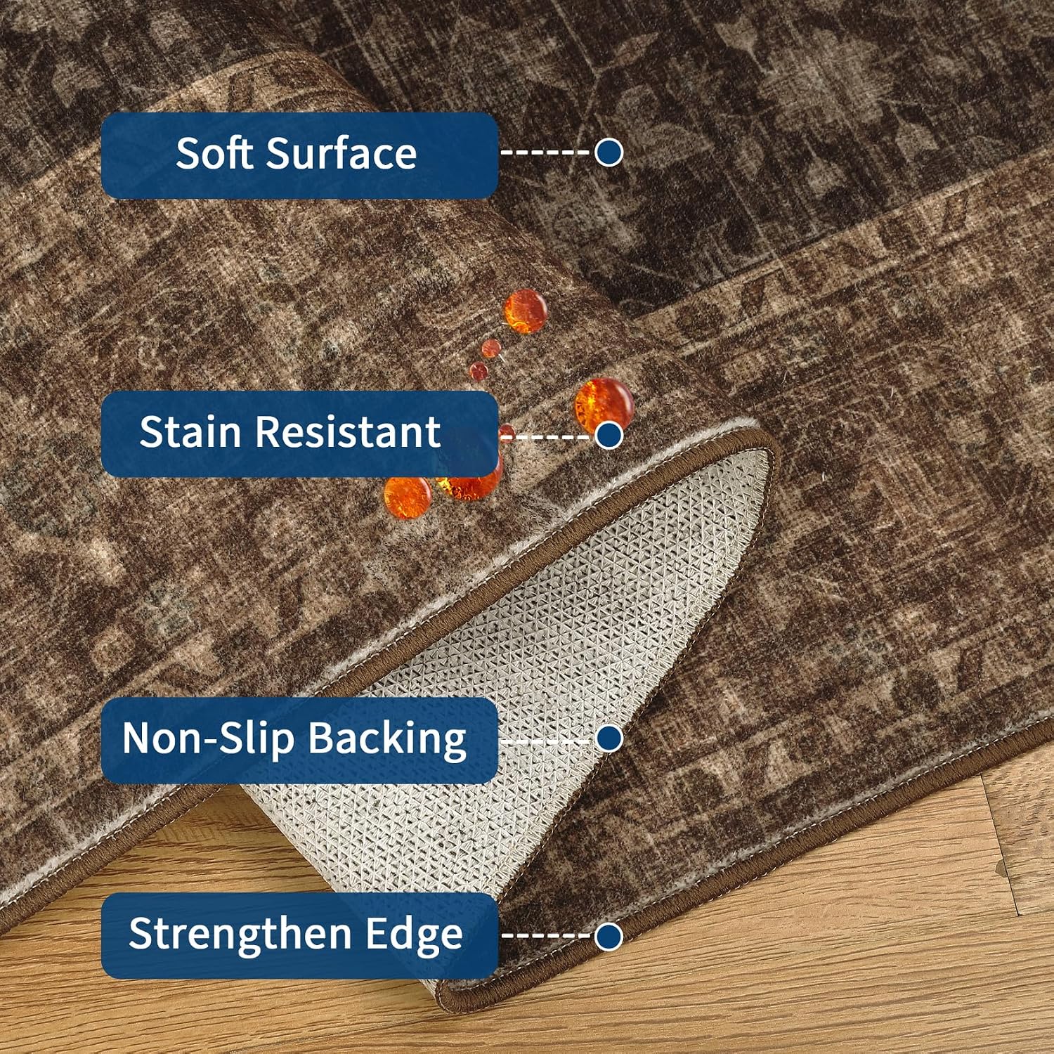 GarveeHome Vintage Kitchen Rugs, Washable 2x6 Soft Non Slip Hallway Runner, Stain Resistant Low Pile Distressed Floral Print Throw Carpet for Entryway Bedroom Laundry Bathroom, Brown
