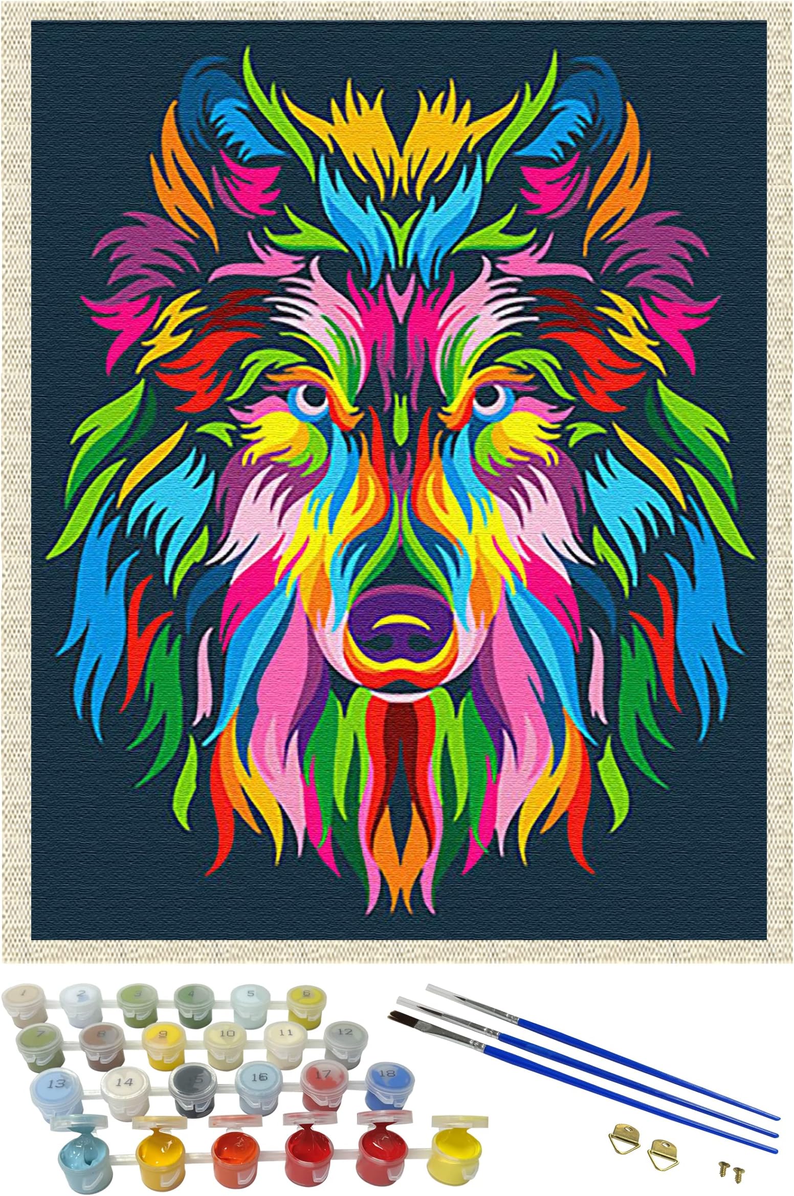 iCoostor Paint by Numbers DIY Acrylic Painting Kit for Kids & Adults Beginner – 16” x 20” Colorful Wolf Pattern with 3 Brushes & Bright Colors
