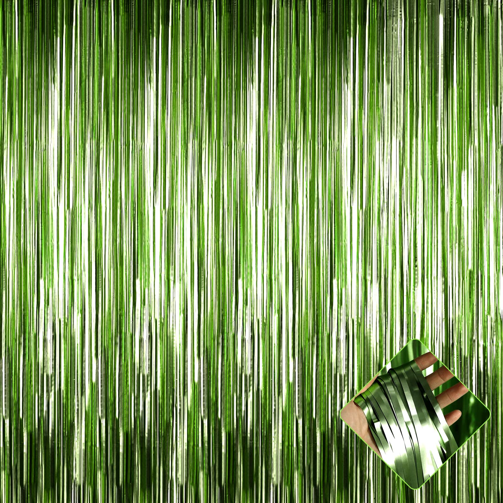 4 Pack 3.2Ft x 8.2Ft Light Green Foil Fringe Curtain Backdrop, Metallic Tinsel Foil Fringe Streamers Curtains Background for Photo Booth, Birthday,