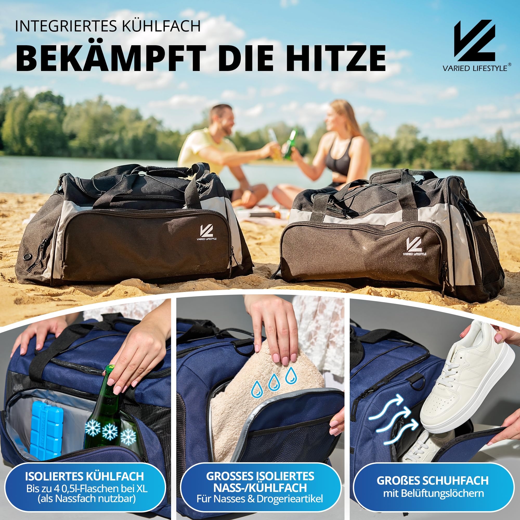 VL® Sporttasche Groß mit Schuhfach, Nassfach & [Isoliertes Kühlfach] Saunatasche & Reisetasche für Damen & Herren Gym Bag, Gym Tasche, Fitnesstasche, Trainingstasche, Schwimmtasche XL 70L Blau-Schwarz