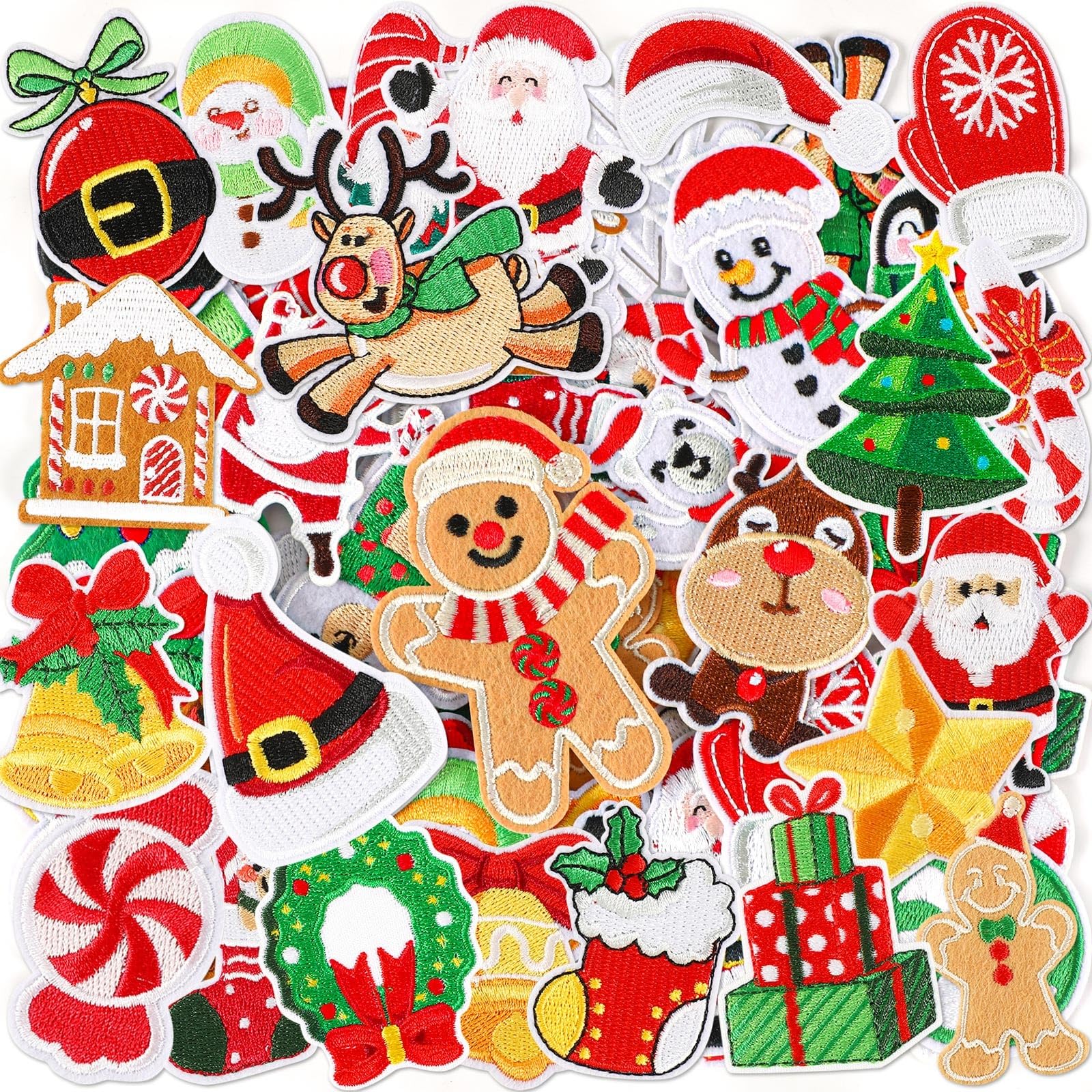 AUGSUN 60 parches de Navidad para planchar, estilos surtidos, bordados de Navidad, parches de reparación de Papá Noel, árbol de Navidad, corona, muñeco de nieve, alce, ángel, reno, bastón de caramelo,