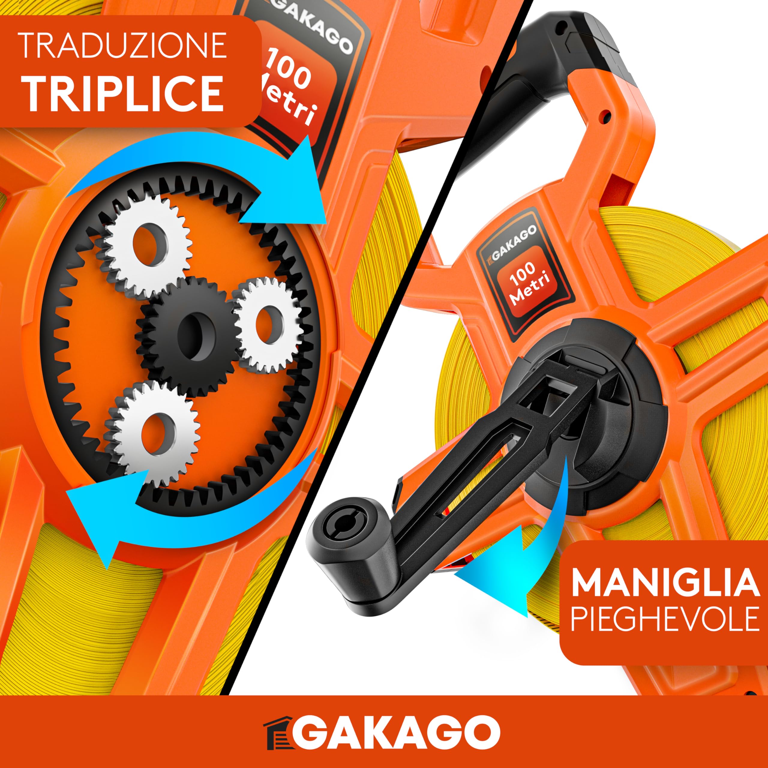 Gakago Metro a nastro 100m - Metro a rullo a 3 pieghe con leva di ripiegamento - Impugnatura ergonomica e antiscivolo - Rotolo di metro a nastro con punta di marcatura