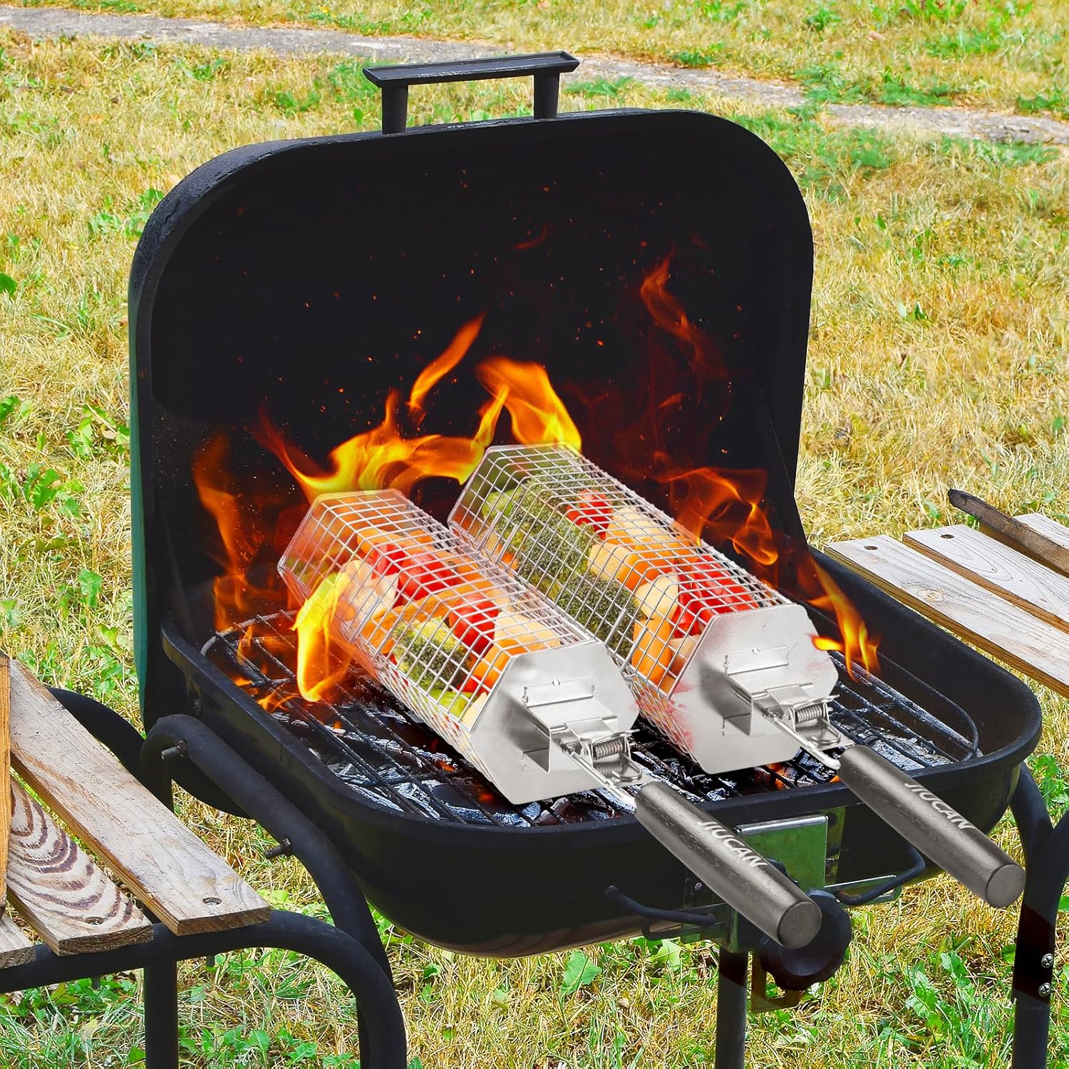 Grill Baskets Set, 2 PCS Stainless Steel Grill Baskets with Removable Wooden Handles, Nesting BBQ Tools, Hexagon Design for Outdoor Cooking Camping, Birthday Gifts for Men Dad Husband