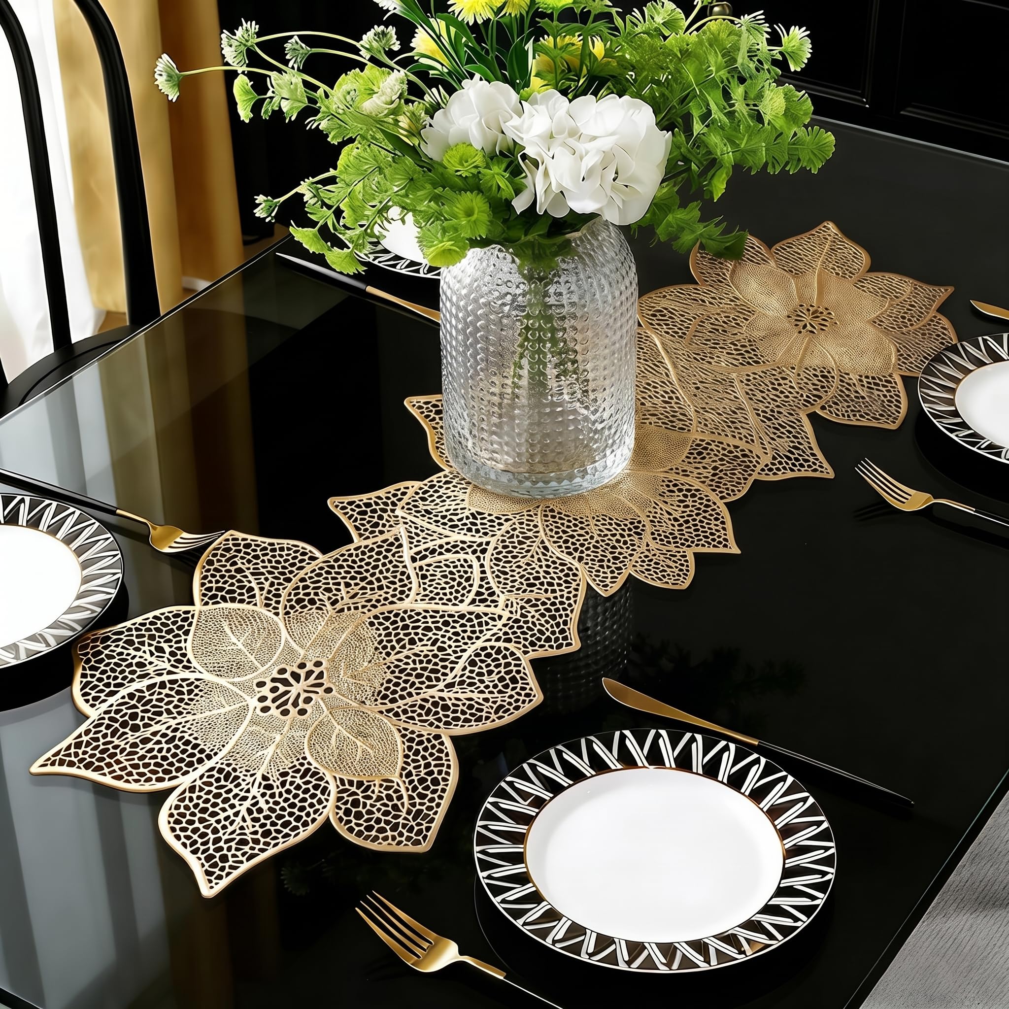 FAVE Goldfarben blumenförmiger Tischläufer 90 cm für Esstisch | Wasserfest, waschbar, für Hochzeitsbankette, Geburtstagsfeiern, Restaurantdekoration und täglichen Gebrauch (Gold Blumenform)