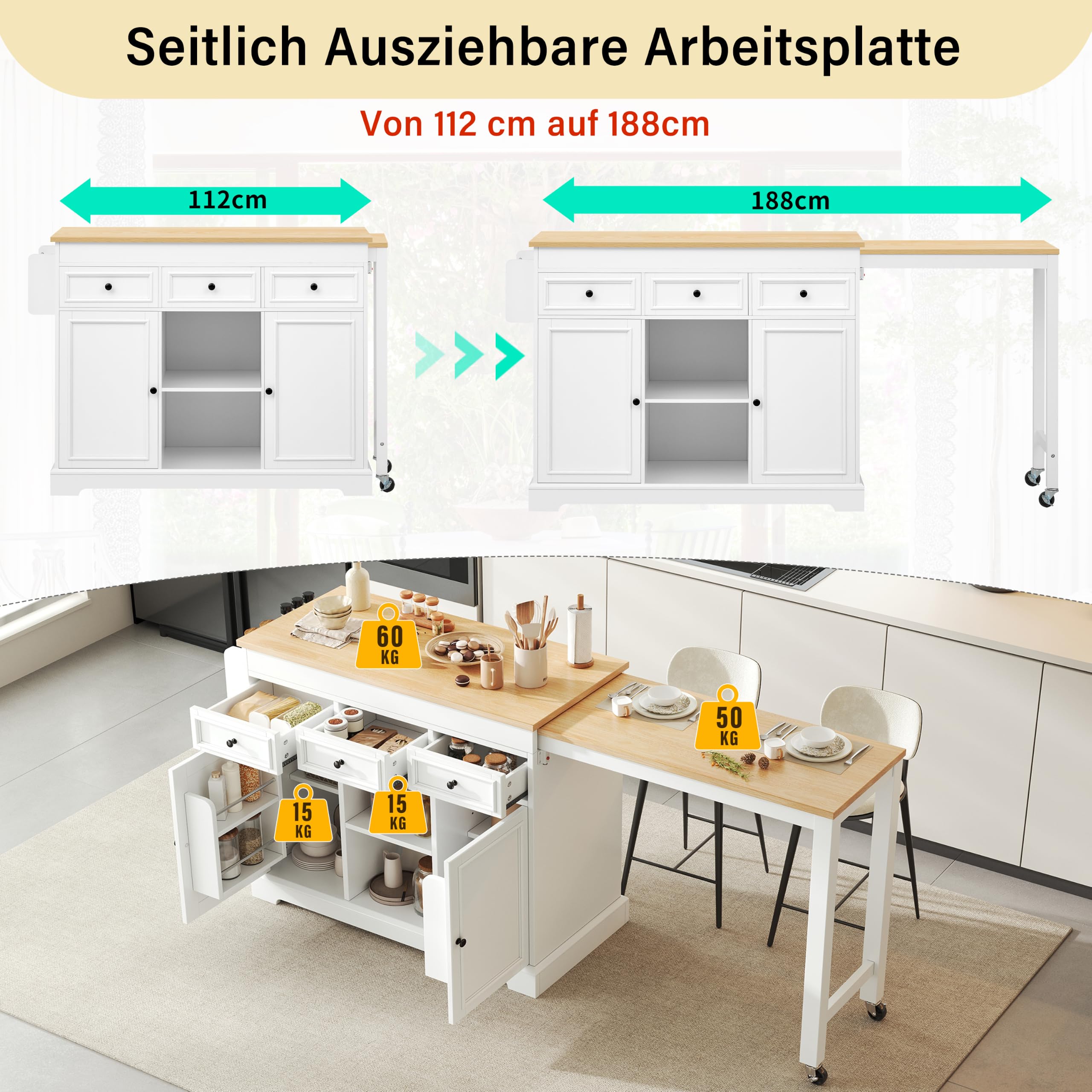 Merax Îlot de Cuisine sur roulettes Extensible 112–188 cm, Îlot Central Cuisine avec Plan de Travail Coulissant, Rangement Épices, Tiroirs et Placards, Îlot Cuisine Mobile Autoportant Blanc