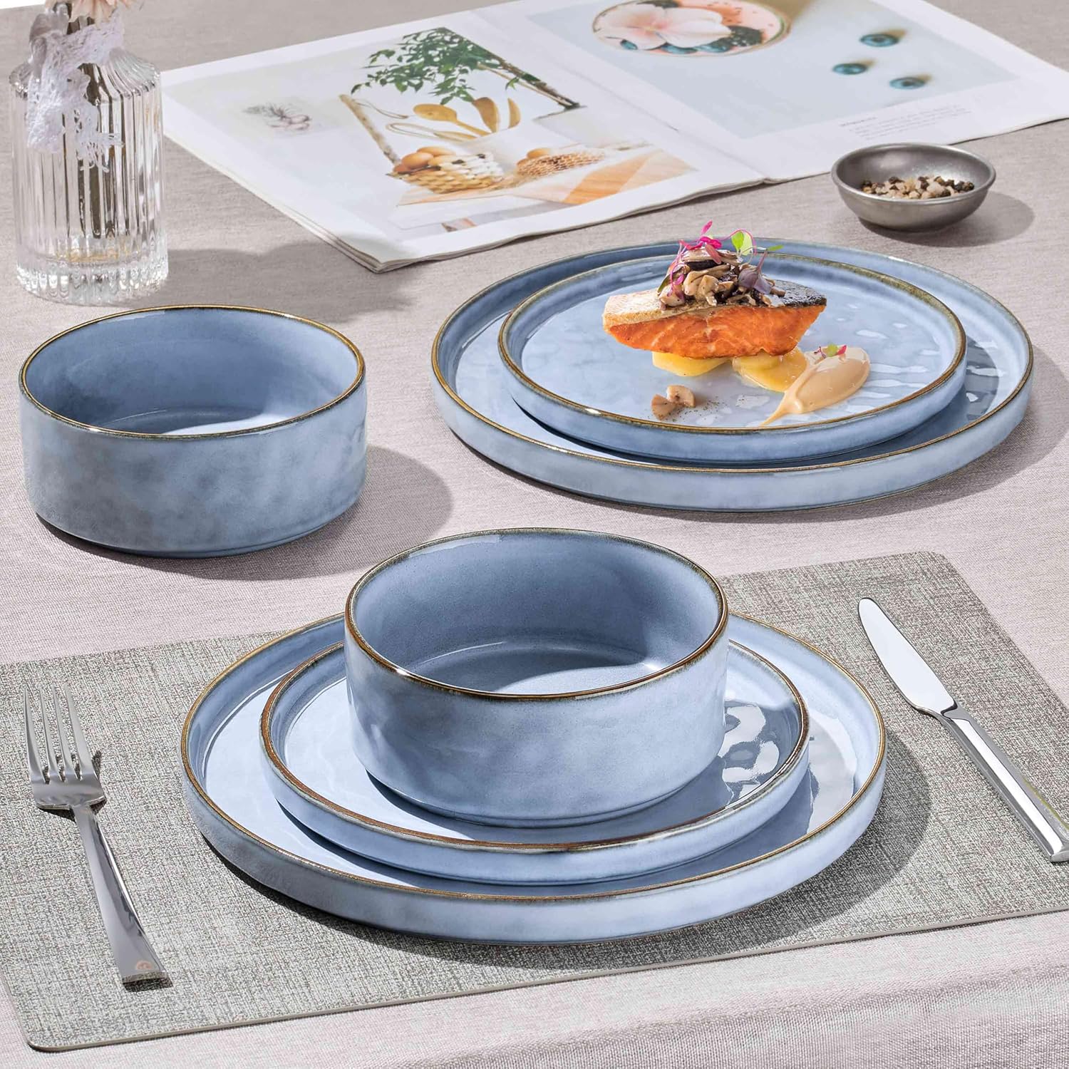Herogo 34oz Stoneware Bowls with Dinnerware Sets for 4, Microwave & Dishwasher Safe, Haze Blue