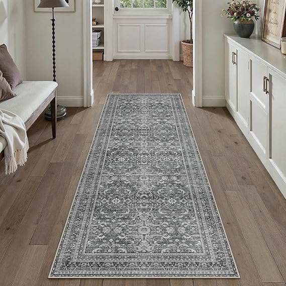2x6 Runner Rug Hallway Vintage Grey Machine Washable Retro Floral Low Pile Carpet Vacuumable Distressed Long Throw Rug Bedroom Office Bathroom Kitchen Laundry Non Slip Soft Lightweight