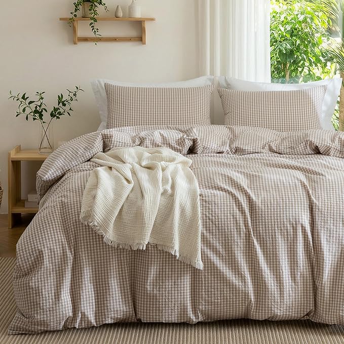 MILDLY Tan Gingham Duvet Cover - 100% Washed Cotton Linen Feel Plaid Comforter Cover Set with Dual Zipper & 8 Corner Ties 90"x90"
