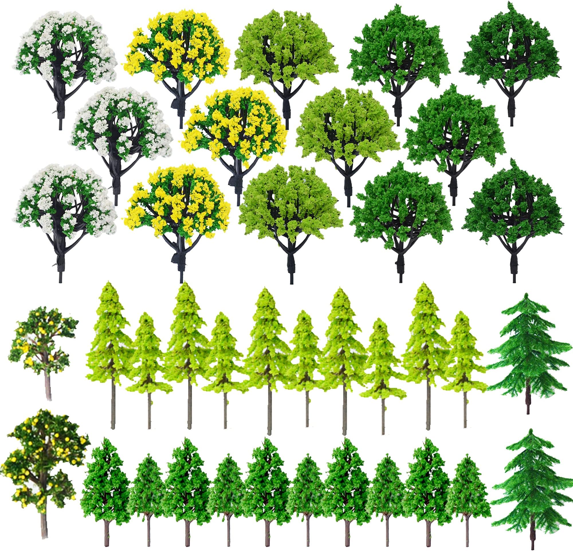 Cayway 44PCS Model Trees 1.3~3.2 Inch Mixed Colorful Accessories Model Train Scenery Architecture Trees Fake Trees for Building Model, Model Scenery with No Bases for DIY Crafts