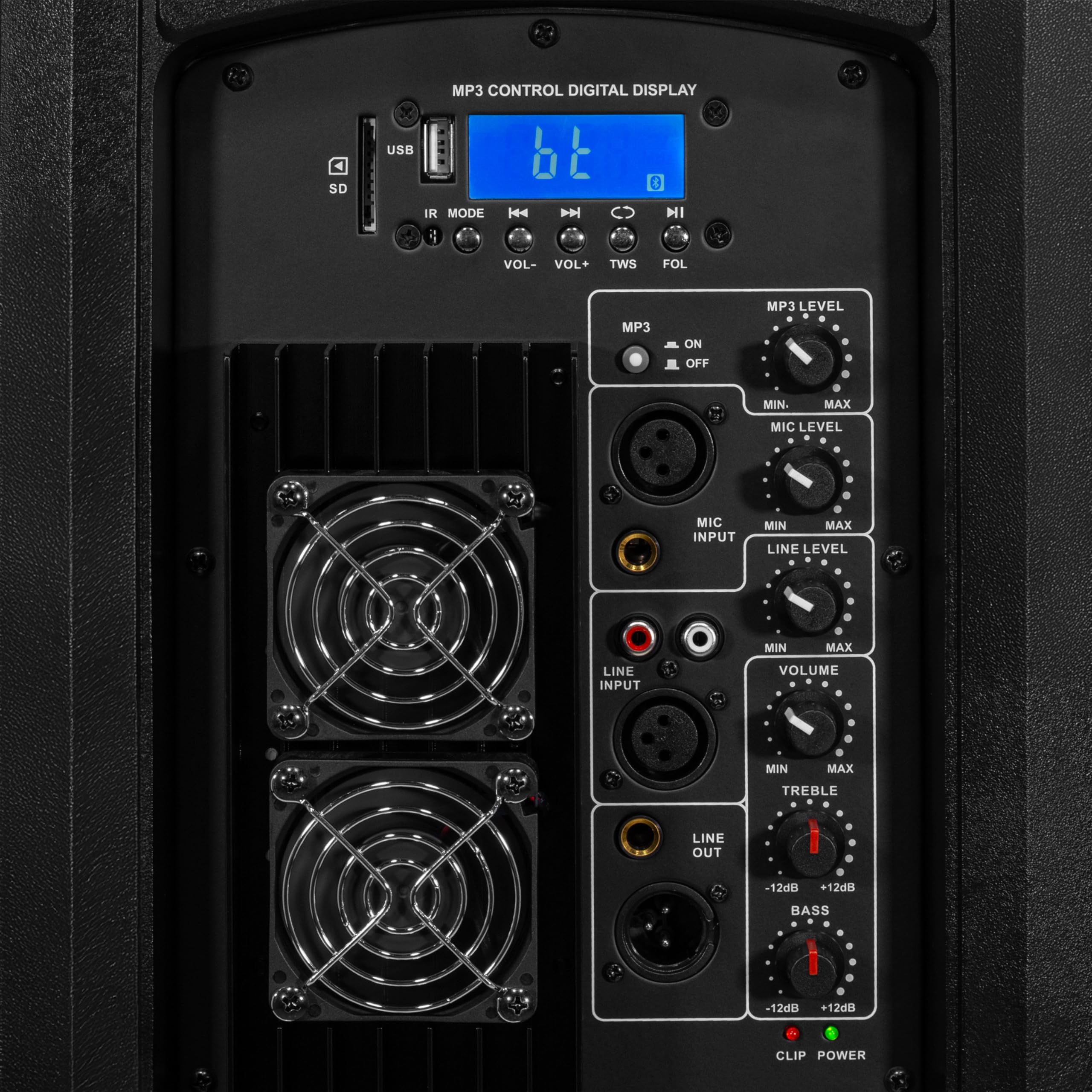 BoomToneDJ BS215A LED – Enceinte Sono Active 2x15 avec Bluetooth, USB/SD, Radio FM et éclairage LED intégré pour soirées, karaoké, Bars et événements. Puissance de 250 W RMS.
