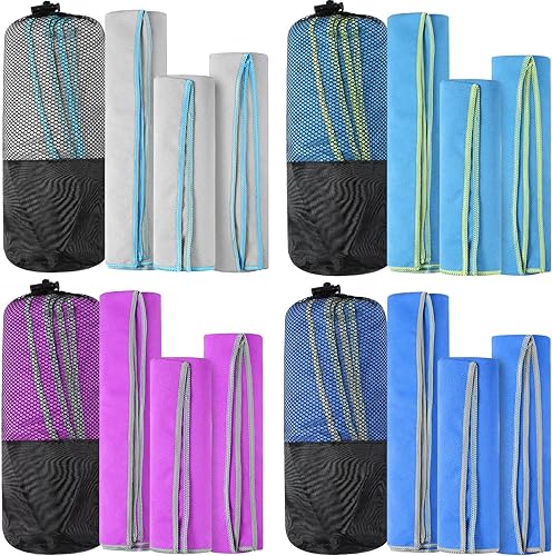 Xinnun Paquete de 4 toallas de camping de microfibra, toalla de secado rápido, 3 tamaños 4, bolsas de malla negra, 12 toallas de viaje para playa,
