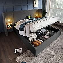 Bed 160 x 200 cm with Reading Light and USB, Storage Bed 160 x 200 cm with Bedside Table, Double Bed with Slats, Padded Bed Frame 160 x 200 cm Linen Grey (without Mattresses)