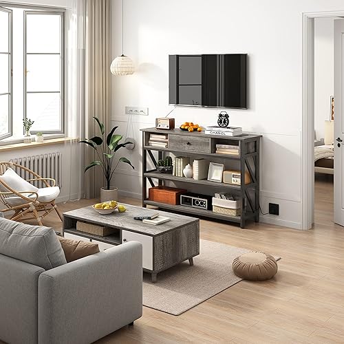 Miniatura 25 de Mexin Mesa consola de 39 pulgadas con 2 salidas y 2 puertos USB, mesa de entrada con cajón y estantes de almacenamiento, mesa de sofá estrecha para