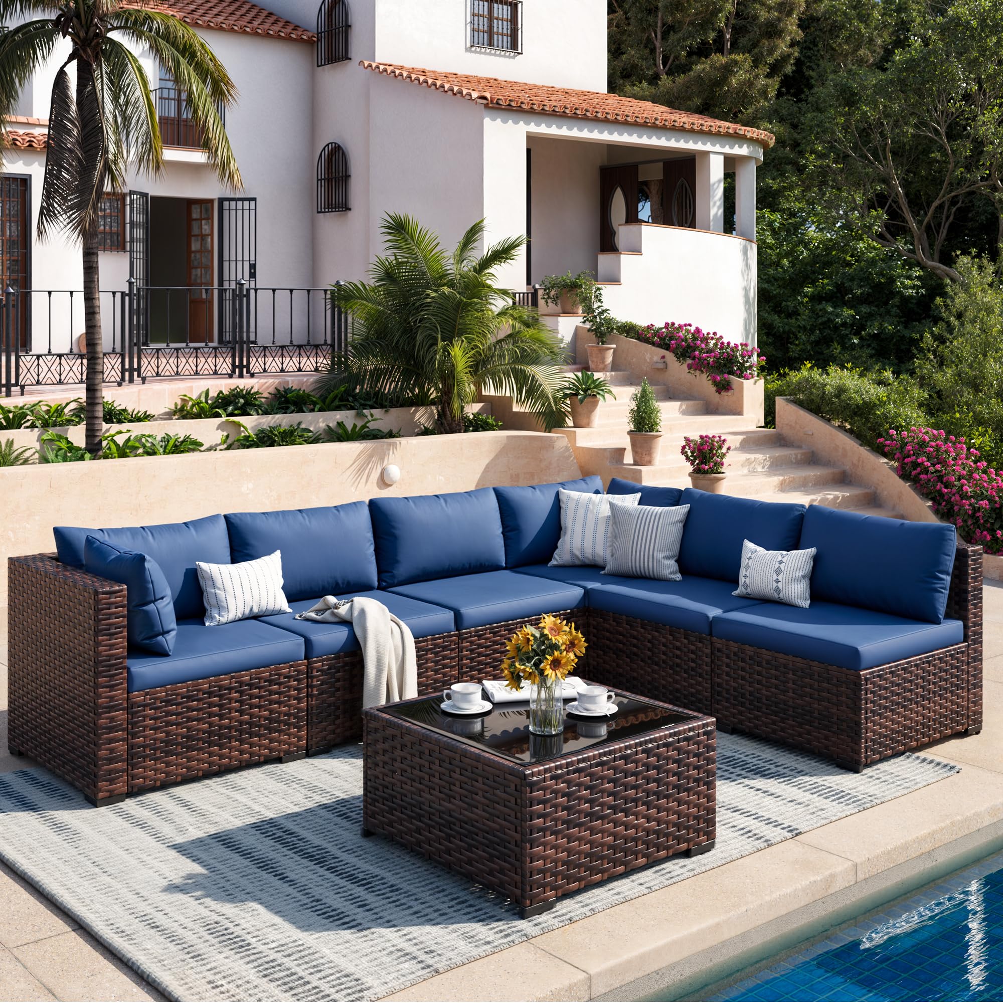 patio furniture set, 7-piece outdoor sectional rattan sofa set with coffee table navy blue cushions with brown rattan (2 armless chairs only)
