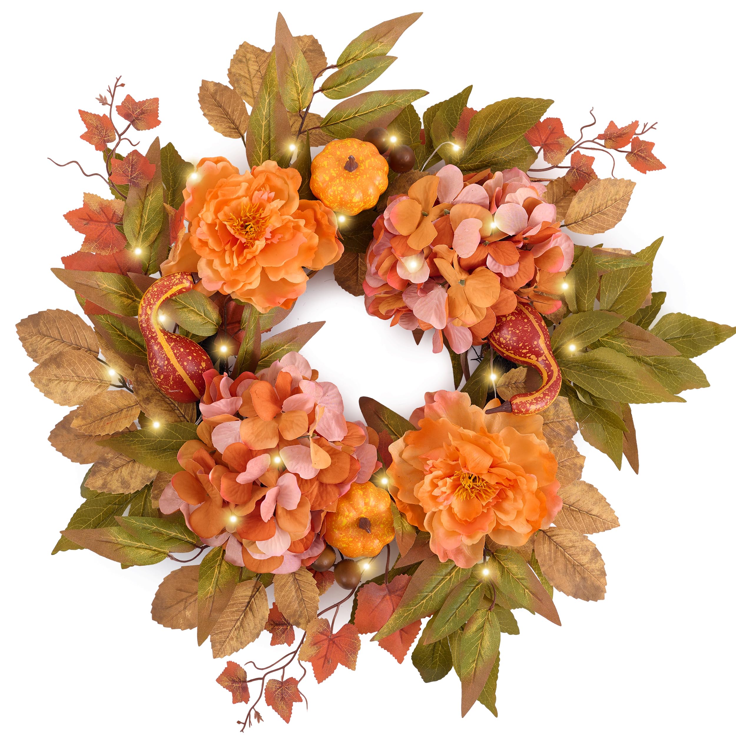 DecorbyHannah Couronne d'automne pour porte d'entrée avec lumières et hortensia pivoine 45,7 cm