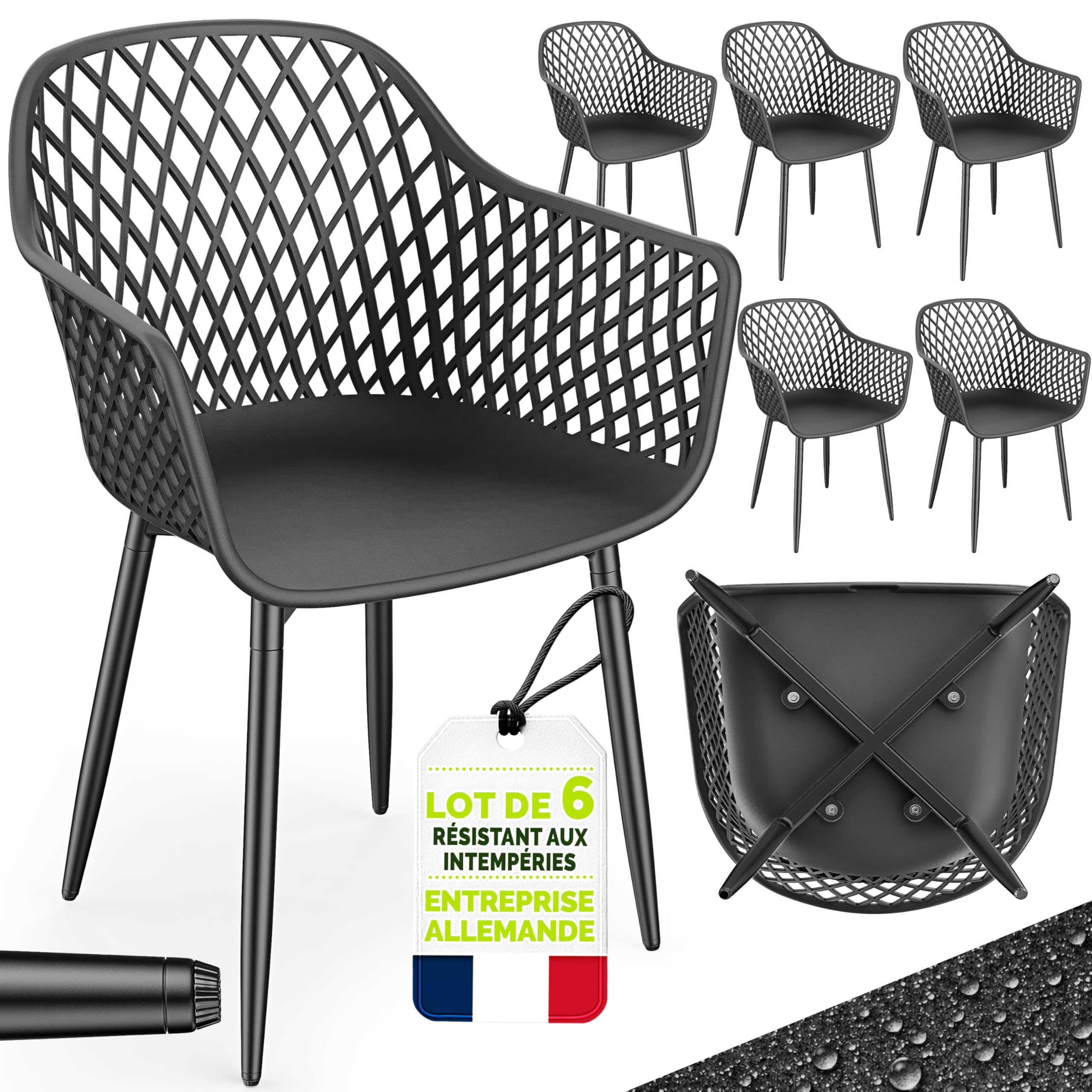 tillvex Lot de 6 chaises de jardin, résistantes aux intempéries, avec accoudoirs, charge maximale : 120 kg, résistantes aux UV, pour terrasse, balcon, extérieur, jardin