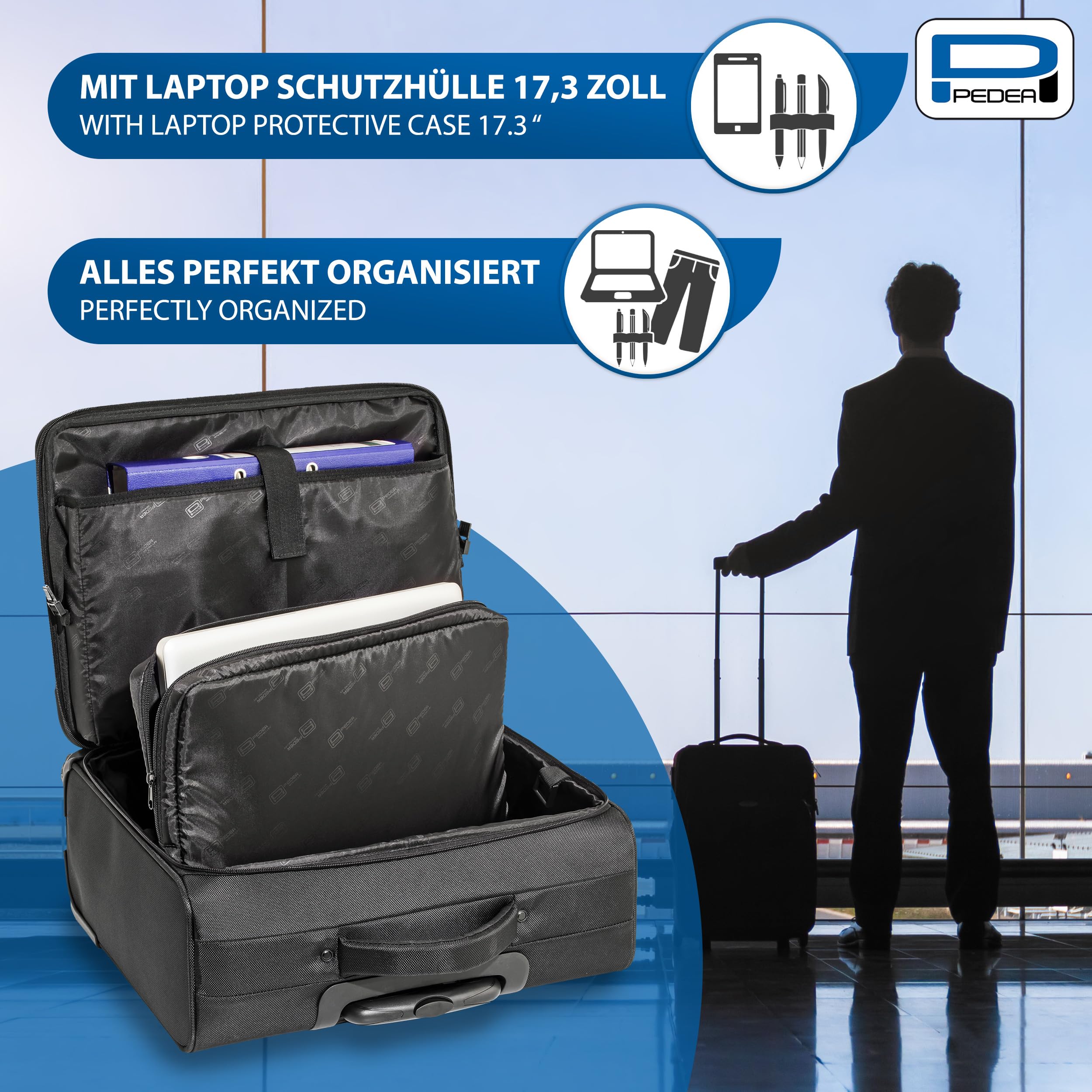 PEDEA Business Trolley Premium Plus - Maletín con ruedas para portátil (hasta 17,3 pulgadas, con compartimento para la noche), color negro