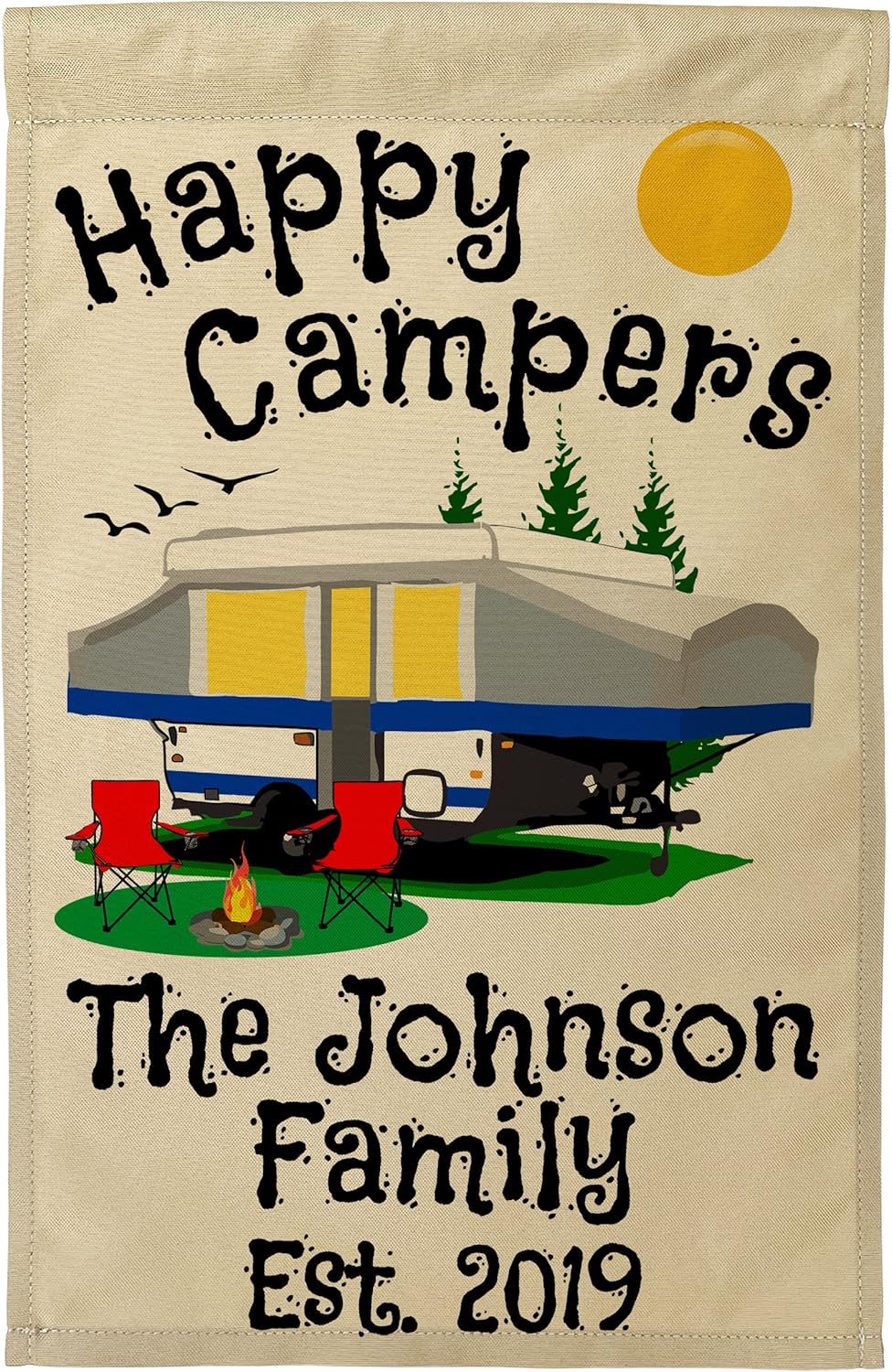 Personalized Camping Flag, Features a Blue Pop-Up Tent Trailer with 3 Additional Lines of Your Custom Text, Printed on Tan Fabric