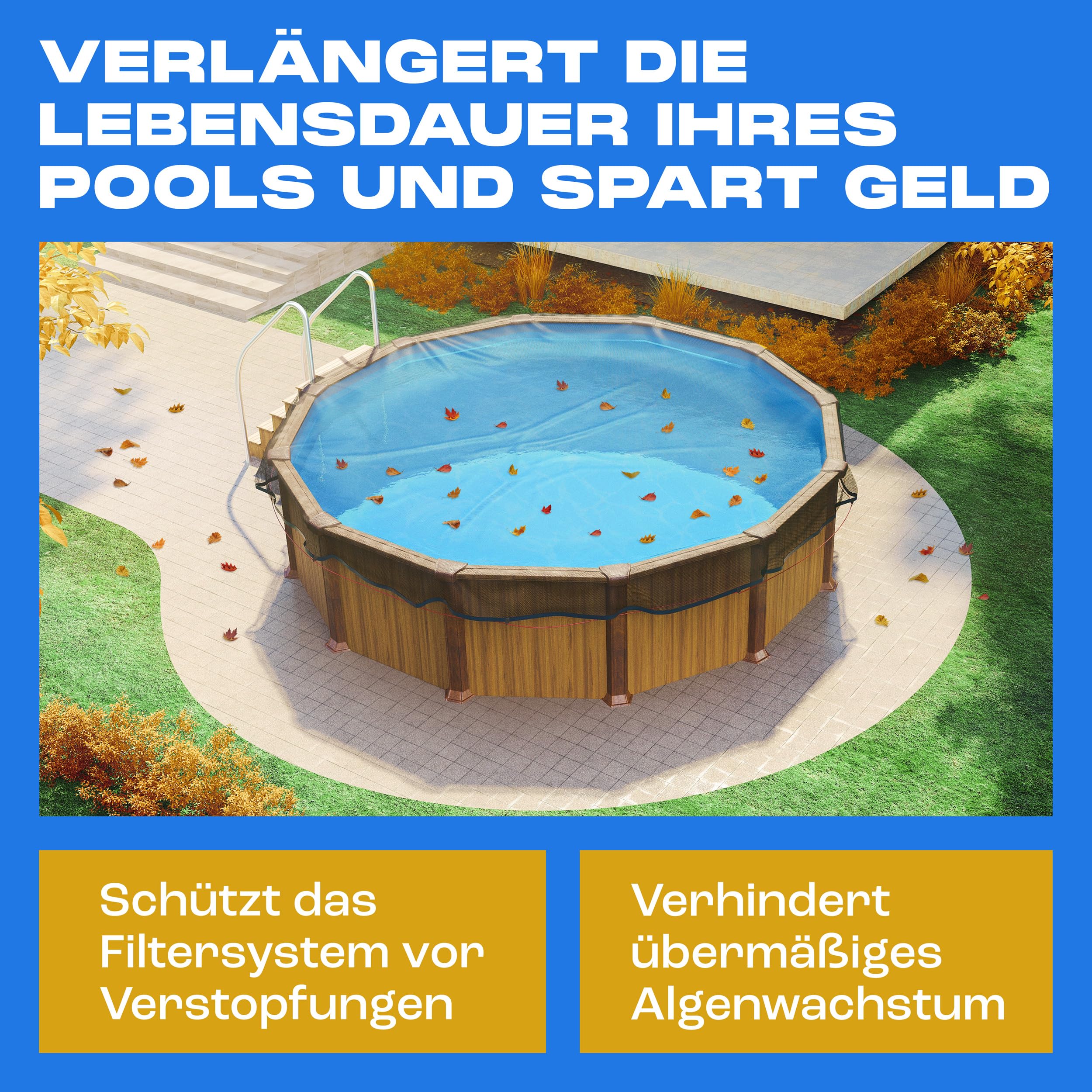 Yankee - Runde Pool Laubschutznetz 850 cm, 0,4 cm Masche, Schutznetz für Aufstellpools, hält Blätter & Schmutz fern, reißfeste Anti-Verstopfungs-Mesh