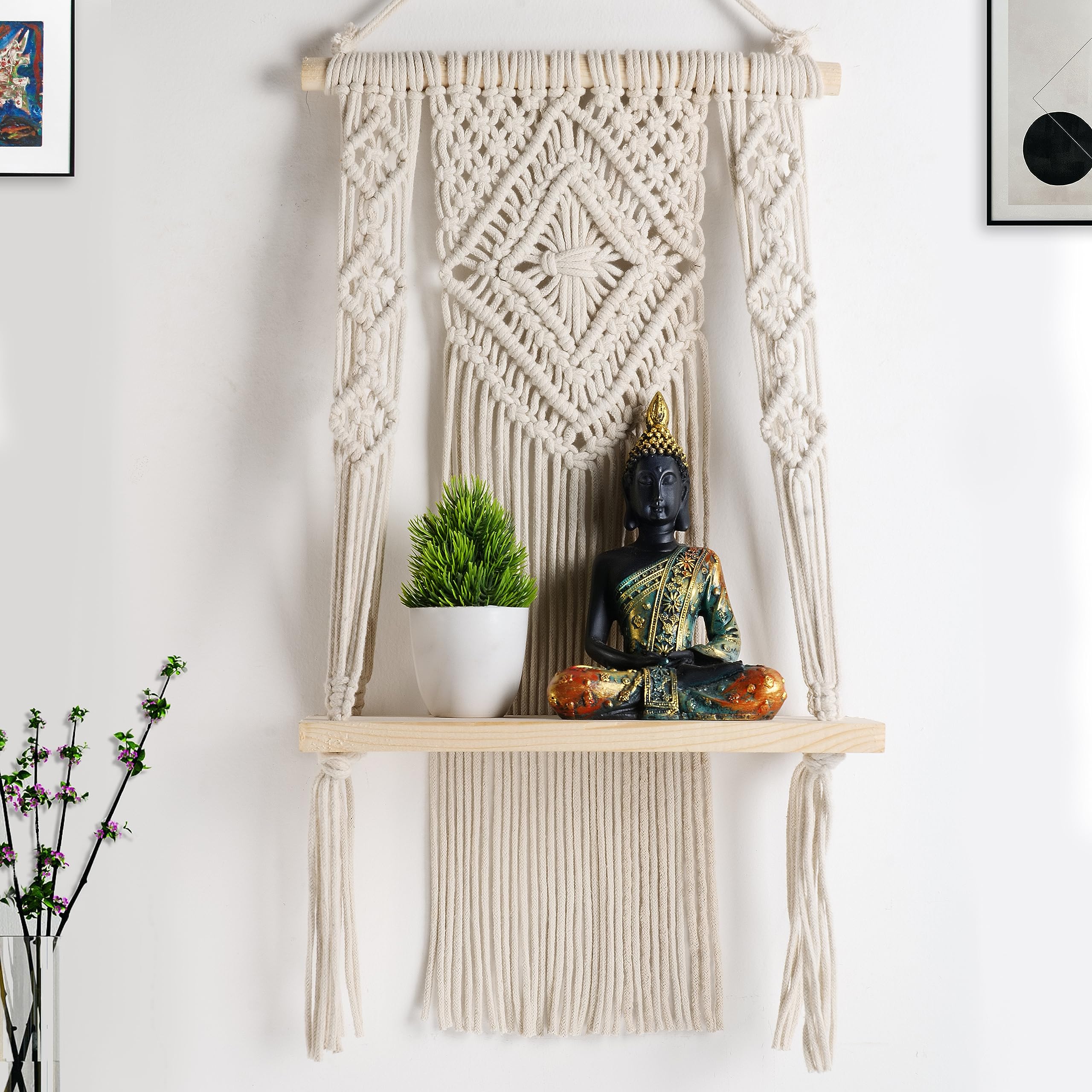 Decazone Macrame Wall Hanging Shelf, Pine Wood Wall Shelve Handmade Decor, 1 Tier Rope Floating Shelf for Photo Frames, Small Plants, Boho Home Decor for Bedroom, Living Room, Bathroom Beige