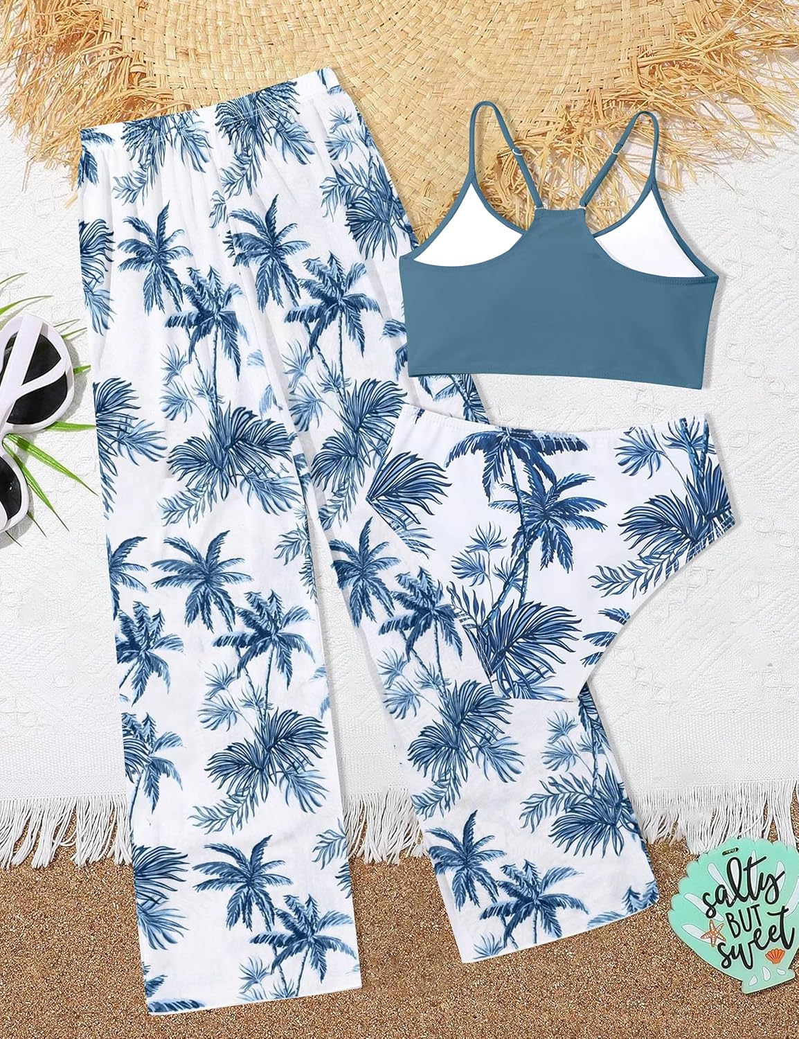 NECIOUS Girls Swimsuit, 3 Piece Bikini Bathing Suit Tropical Floral Swimwear with Cover Up Pants 7-16Y - Image 5