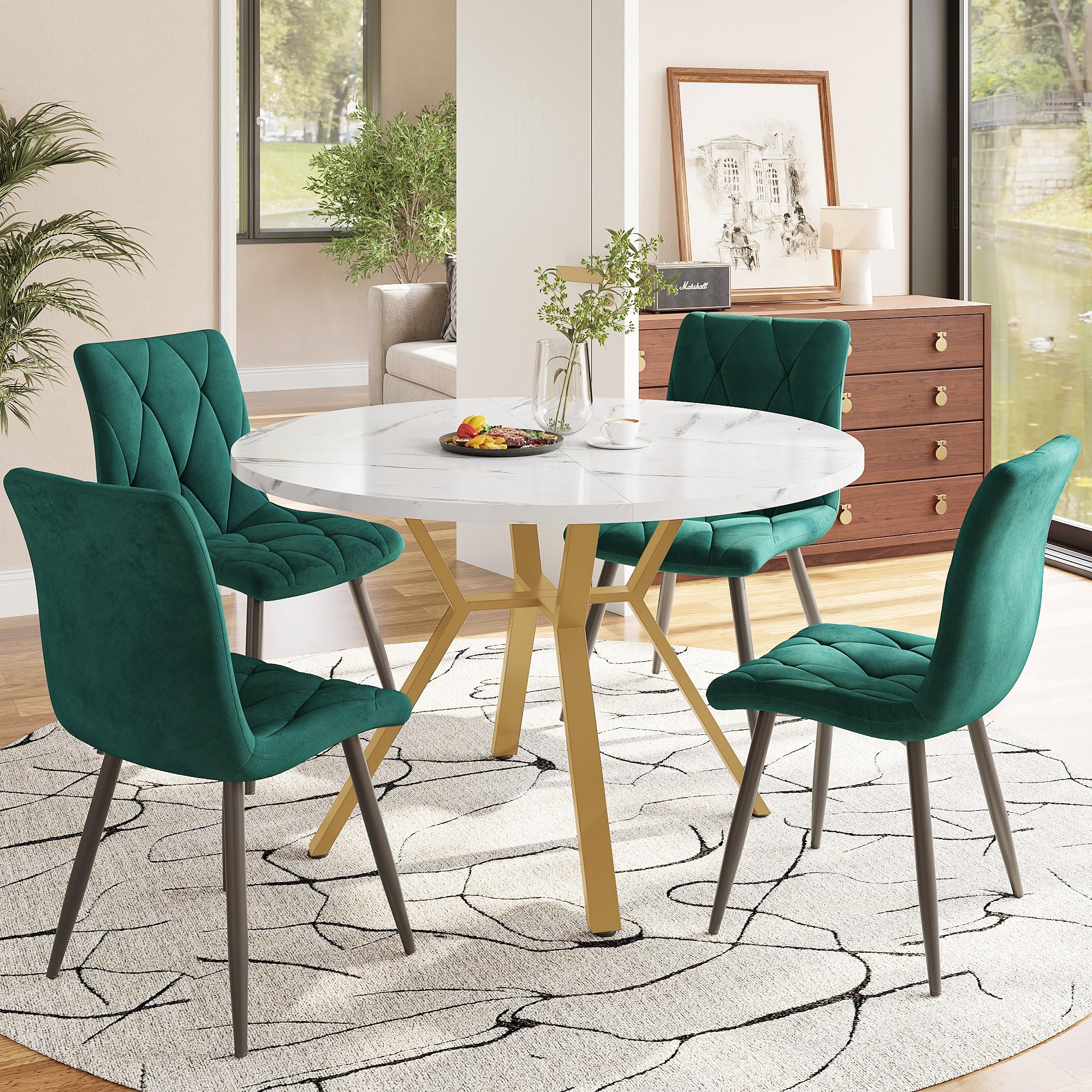 Ensemble de salle à manger 5 pièces - Table de salle à manger ronde en marbre avec 4 chaises en velours - Pieds en métal doré - Chaises vertes - Diamètre : 50 cm - Moderne