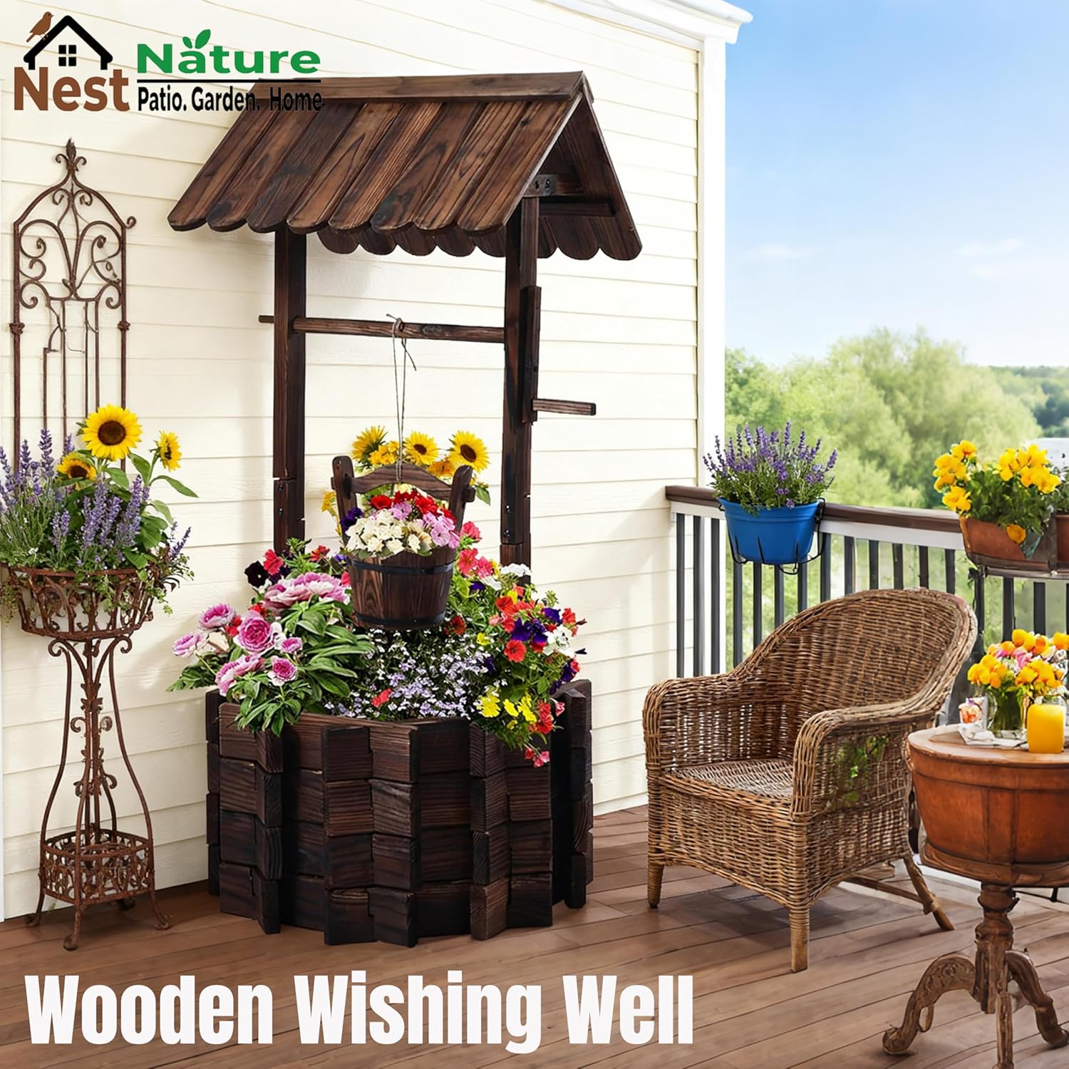 NestNature Wooden Wishing Well Outdoor Planters, Wishing Wells for Outside,Well Covers,Rustic Garden Wells Decor for Outside, Yard, and Patio, Upgrade Reinforced Base-Carbonizing Color
