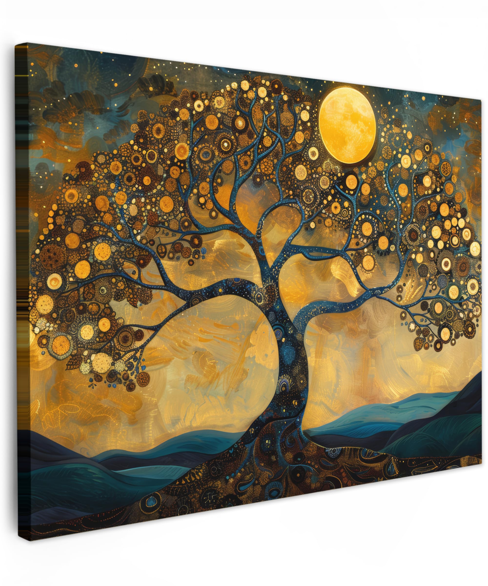 MuchoWow© Canvas Wall Art 16"x12" / 40x30 cm Decor Paintings Prints framed on Canvas Decorations Wallart Tree - Moon - Flowers - Gold - Art
