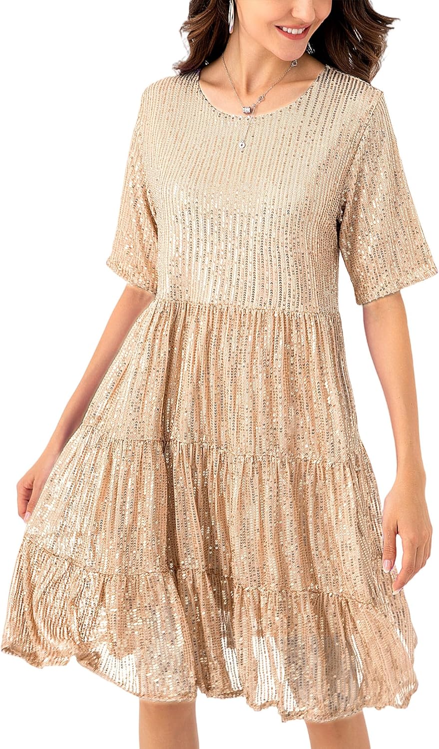 JKLESA Sequin Babydoll Summer Dress，Sparkly Glitter Dress Short Flowy Tiered Tunic Dress for Women Party Club Night