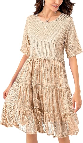 Sequin Babydoll Summer Dress,Sparkly Glitter Dress Short Flowy Tiered Tunic Dress for Women Party Club Night