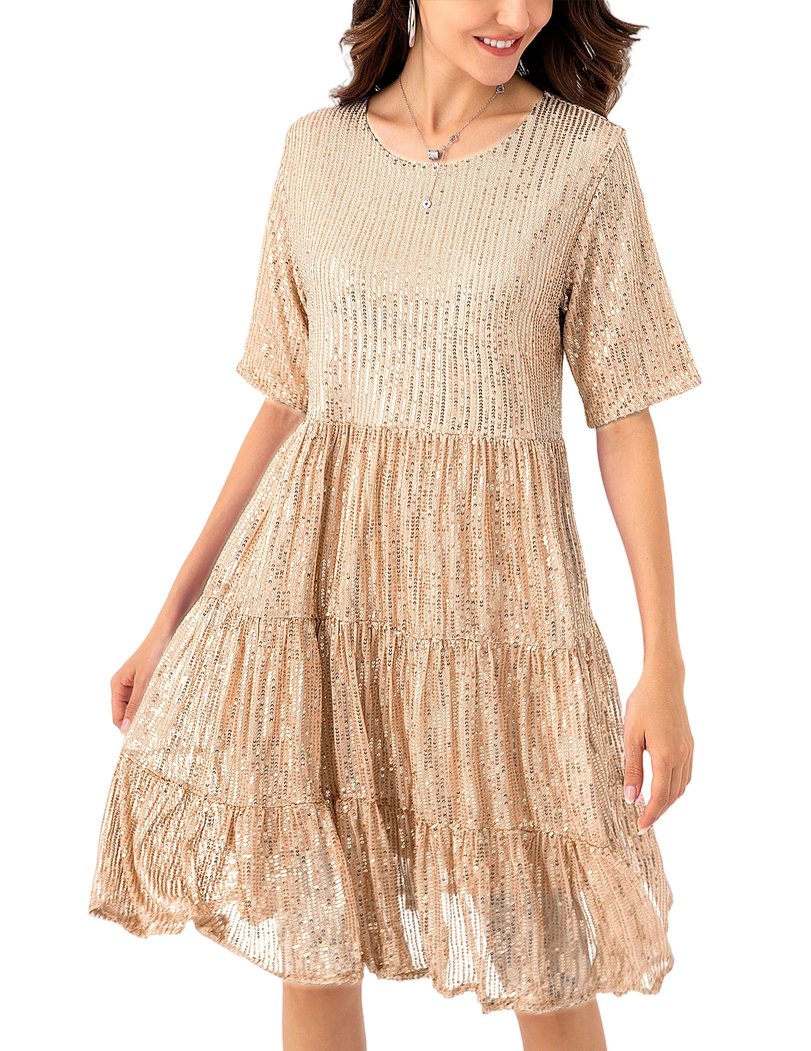 JKLESA Sequin Babydoll Summer Dress，Sparkly Glitter Dress Short Flowy Tiered Tunic Dress for Women Party Club Night