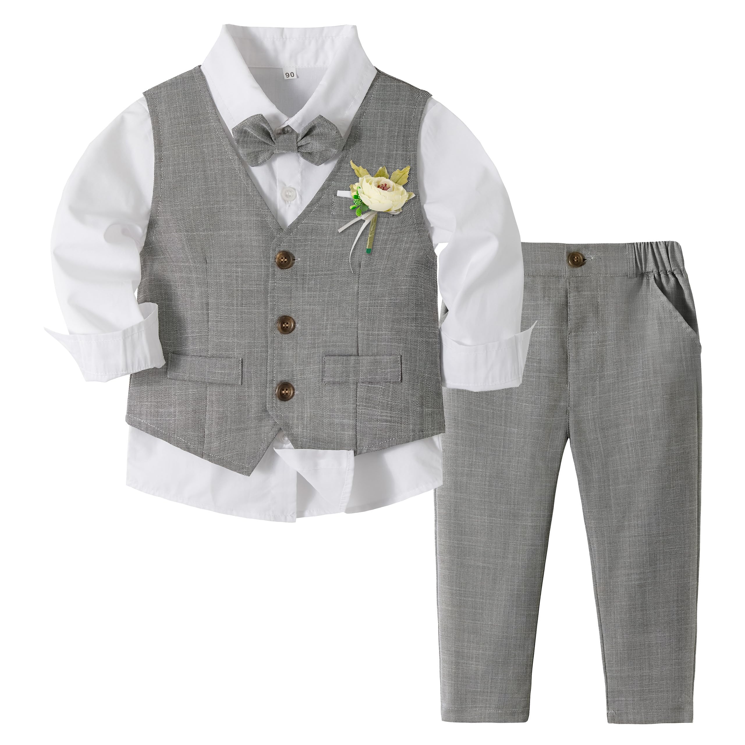 Volunboy Baby Jungen Anzug, Kinder Anzugweste Festliche Hochzeit Kleidung Bekleidung Set 4tlg (2-3 Jahre, Grau, Größe 100)
