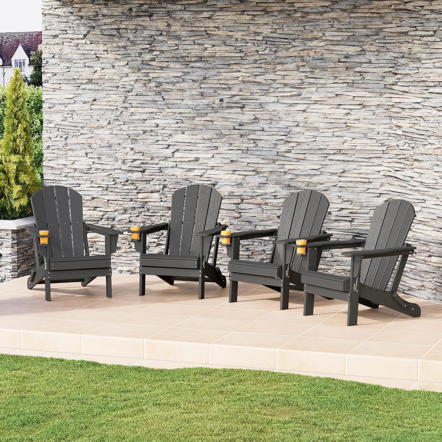 Costaelm Fire Pit Chairs, Outdoor Chair HDPE Adirondack Chair, Modern Patio Porch Chair, Front Porch Backyard Deck Outside Chairs (Set of 4), Gray