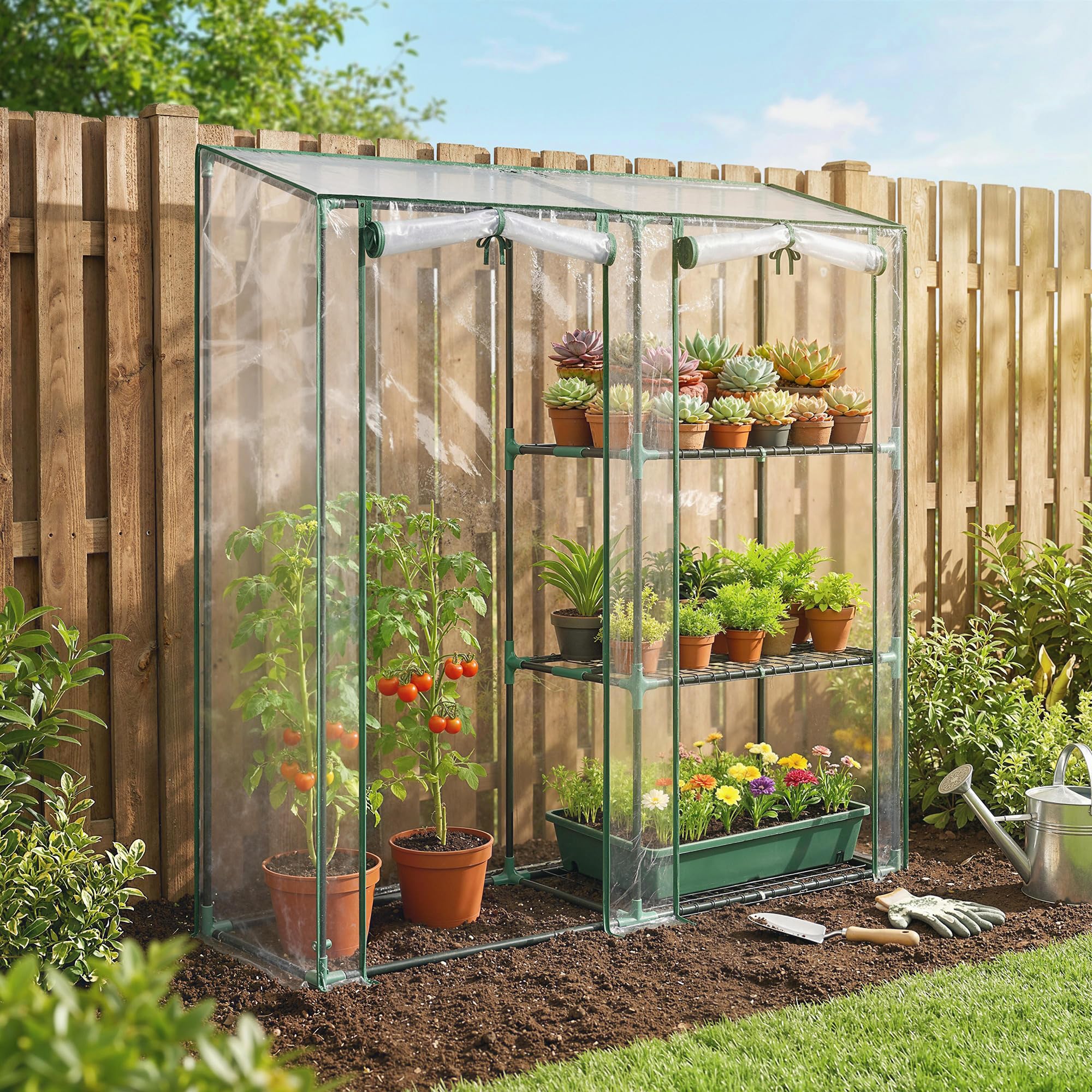 Outsunny Serre de Jardin avec étagères 3 Niveaux, Petite Serre de Balcon en Bâche PVC et Châssis Acier, 2 Portes Enroulables, pour Légumes Plantes Fleurs, 143 x 45 x 151 cm, Transparent