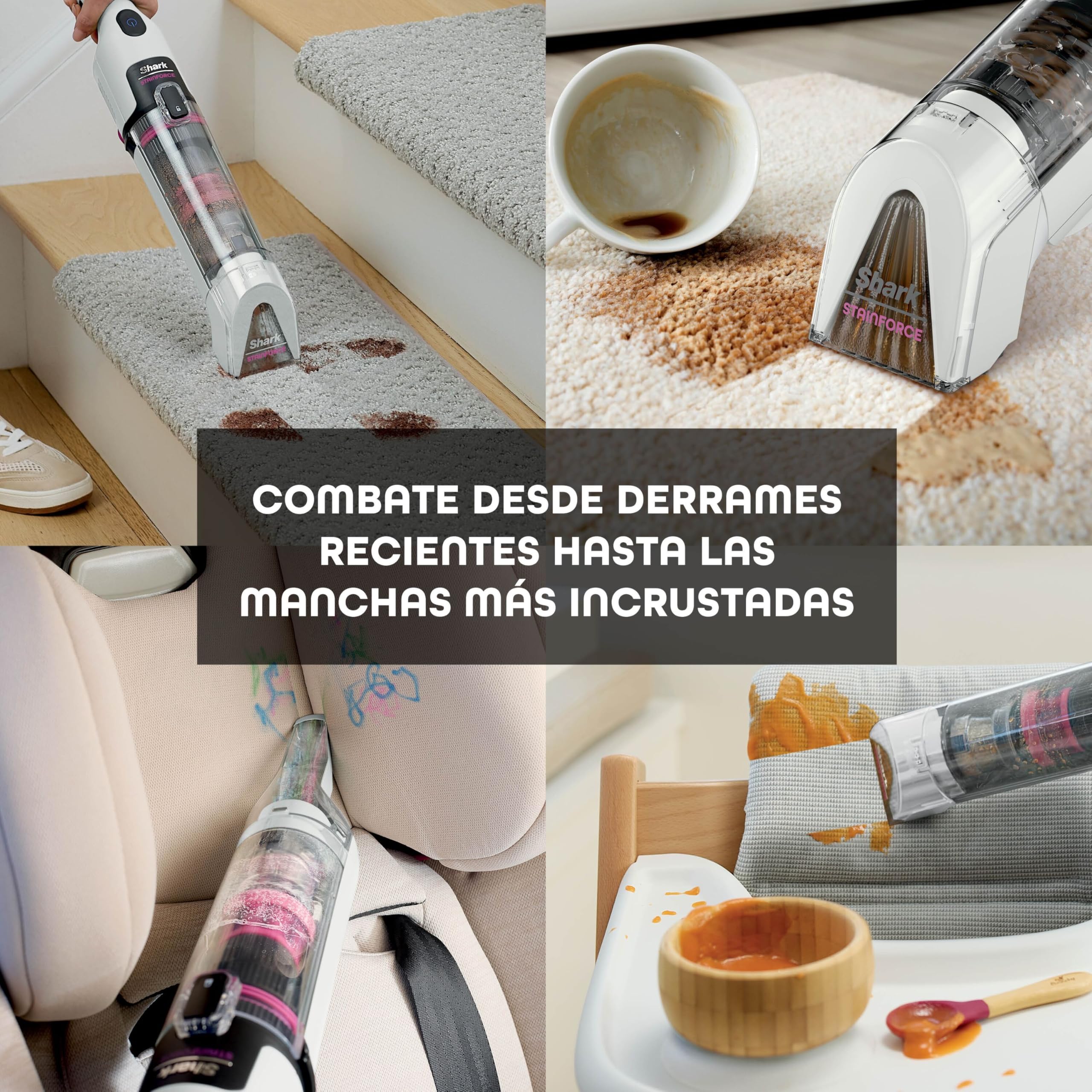 Shark StainForce, Eliminación de manchas y olores en alfombras, moquetas, tapicería, escaleras y coches, diseño ligero y portátil con organizador, accesorios y solución de limpieza total, HX100EUT