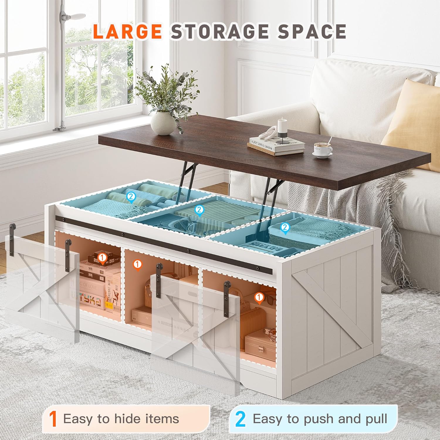 White and Natural Wood Lift-Top Coffee Table with Sliding Barn Doors