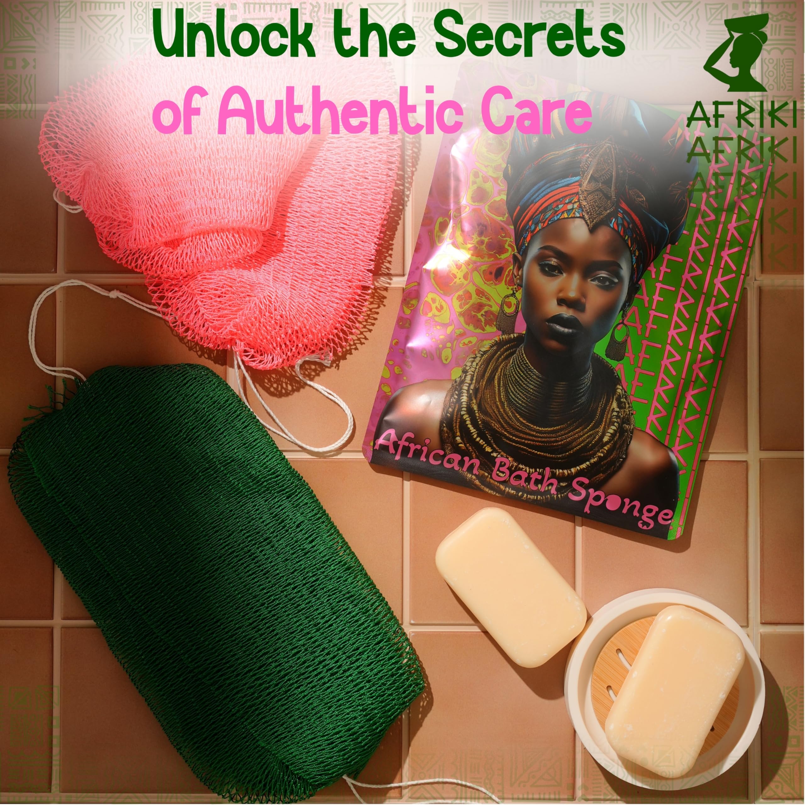 AFRIKI Lot de 2 éponges africaines exfoliantes africaines noires - Gant de toilette exfoliant pour le corps pour le bain et la douche, exfoliant pour le dos et les peaux mortes (rose, vert)