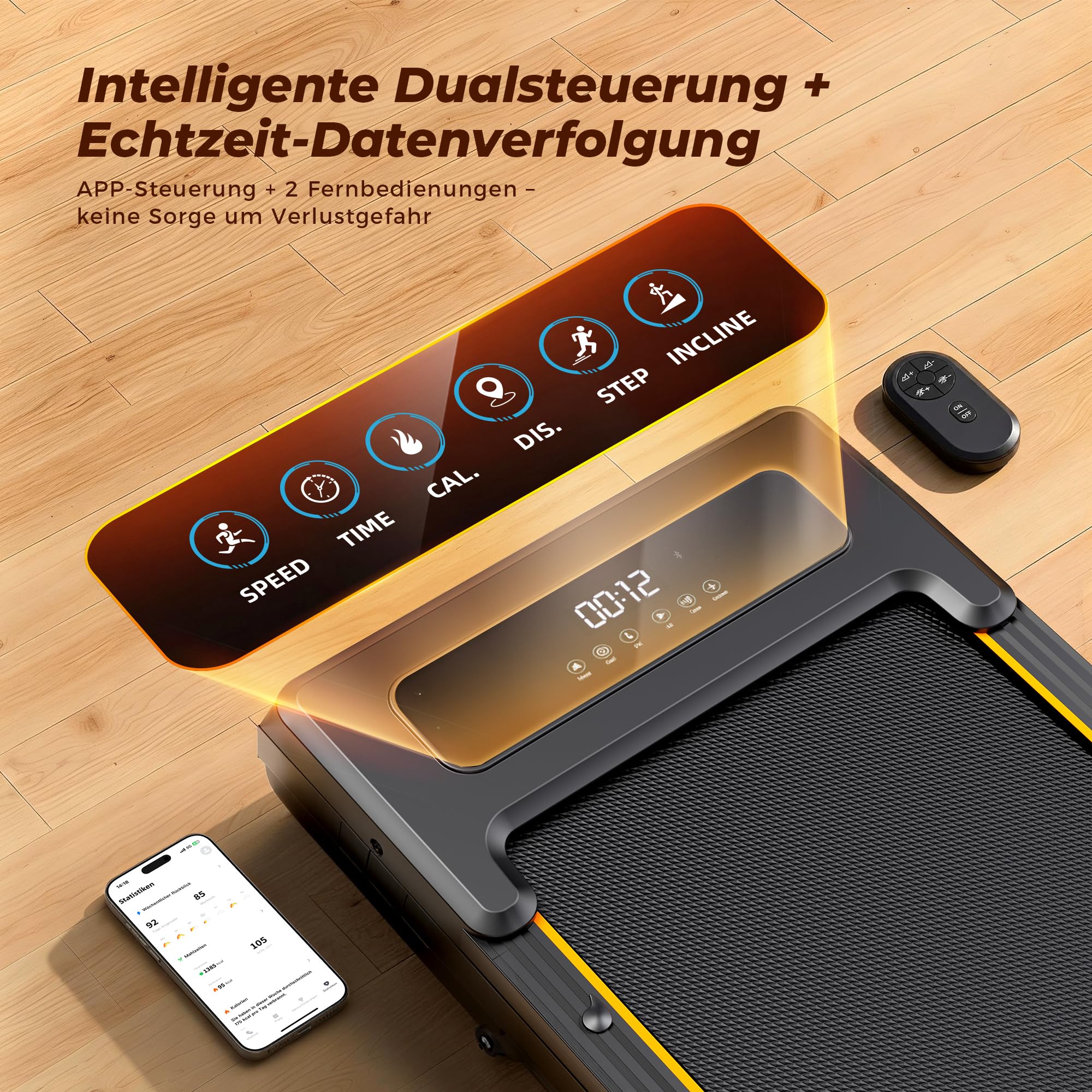 JAGJOG Walking Pad mit 12% Auto-Steigung für Kalorientraining | 2,5-PS-Motor, App, Fernbedienung, LED-Anzeige, Dämpfung und kompakte Nutzung im Home Office