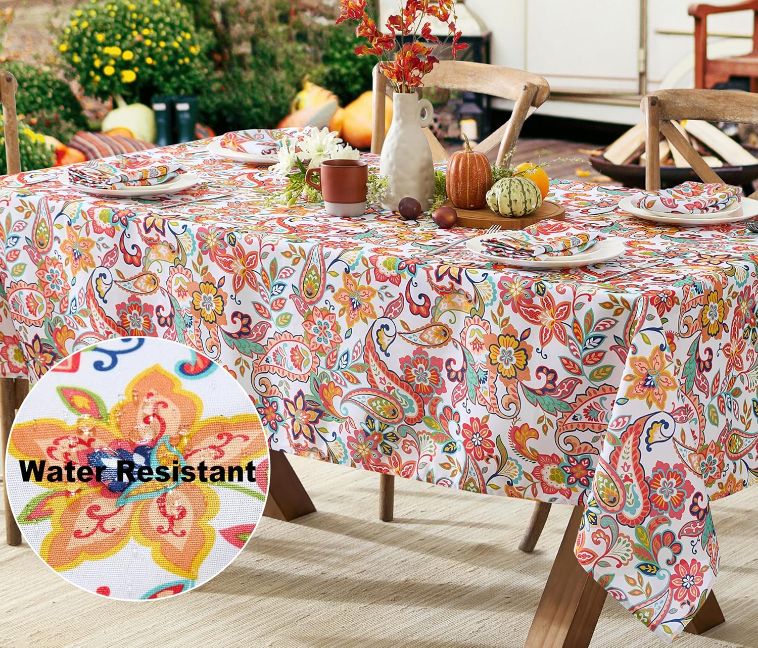Newbridge Bohemian Coral Paisley Fabric Tablecloth, Multicolor Floral Boho Chic Pattern, Heavyweight Stain and Water Resistant Table Cover, 60 x 84 Inch Rectangle
