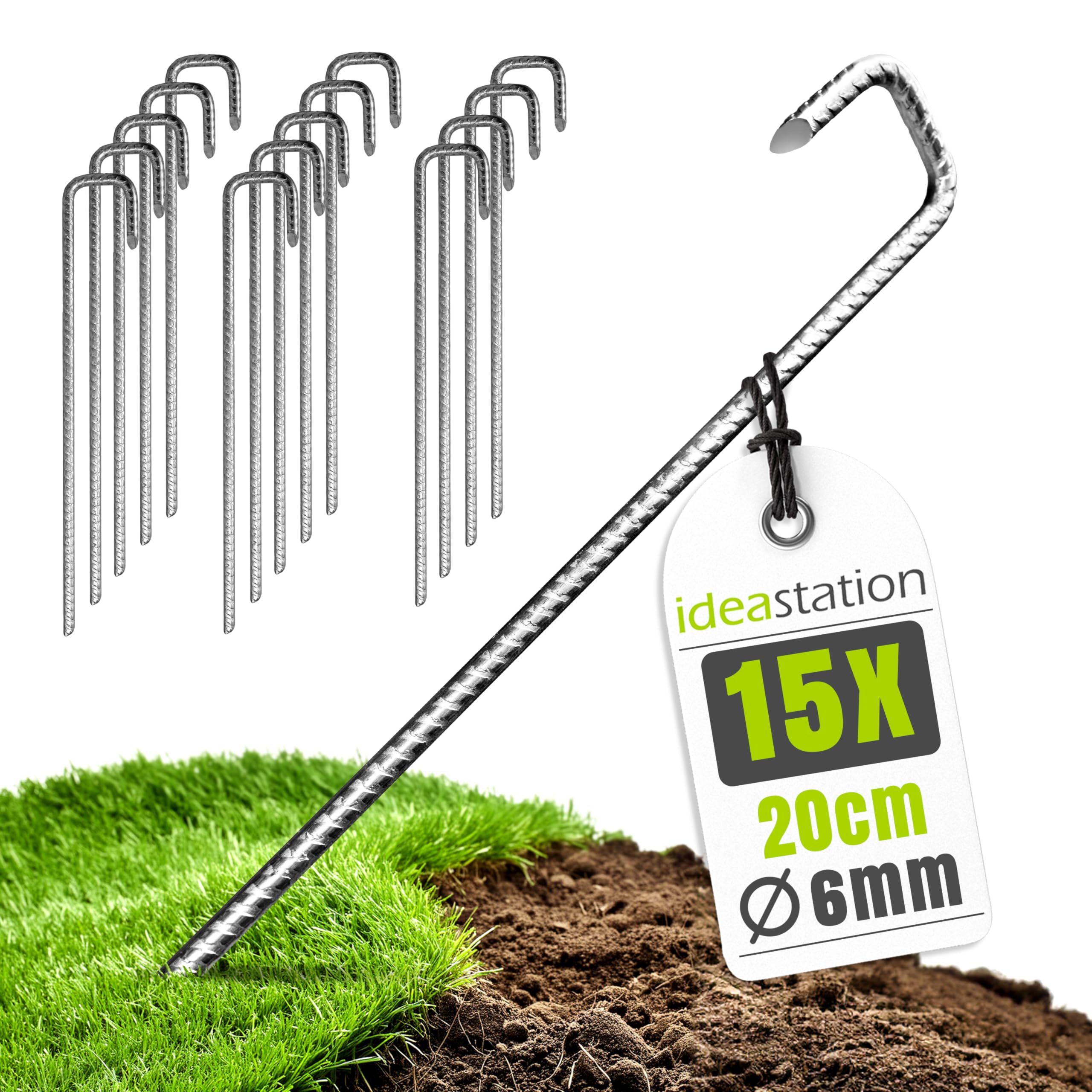 śledzie do namiotu 15 sztuk - długość 20 cm - Ø 6 mm - nierdzewne kołki ze stali zbrojeniowej - stabilne śledzie do namiotów i kempingów