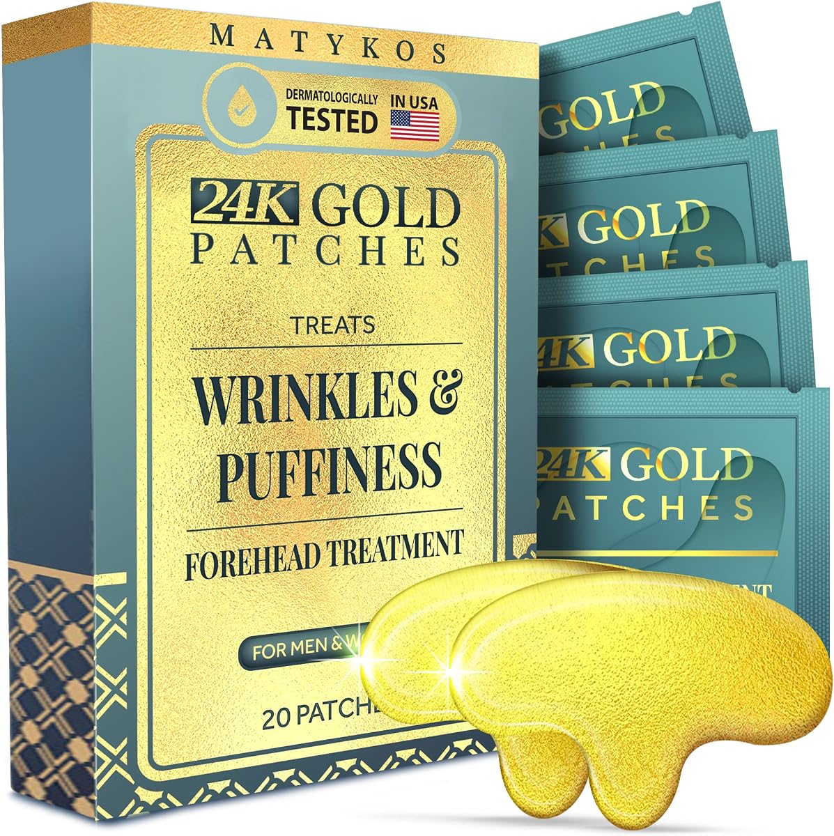 Forehead Wrinkle Patches for Face - 20 Golden Sachets | Collagen, Hyaluronic Acid, Vitamin A, Wrinkle Eye Patch Set