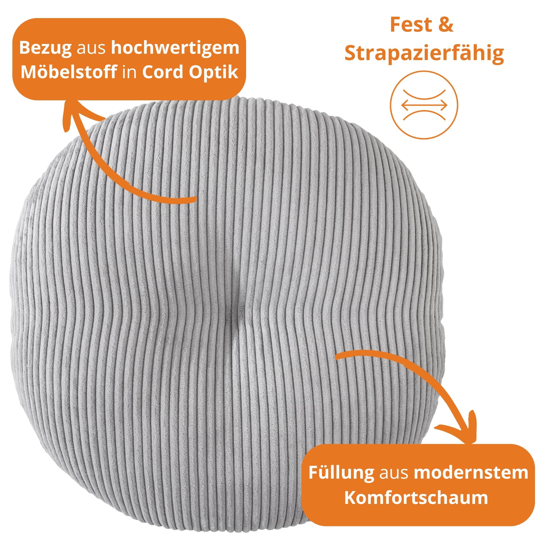 sleepling Meditationskissen, Kord Bodenkissen Groß, Yoga Kissen, Sitzkissen Boden, Yogakissen Rund 105 cm, Sitzhöhe 25 cm Oeko-TEX, Made in EU, hochwertiger Möbelstoff, grau